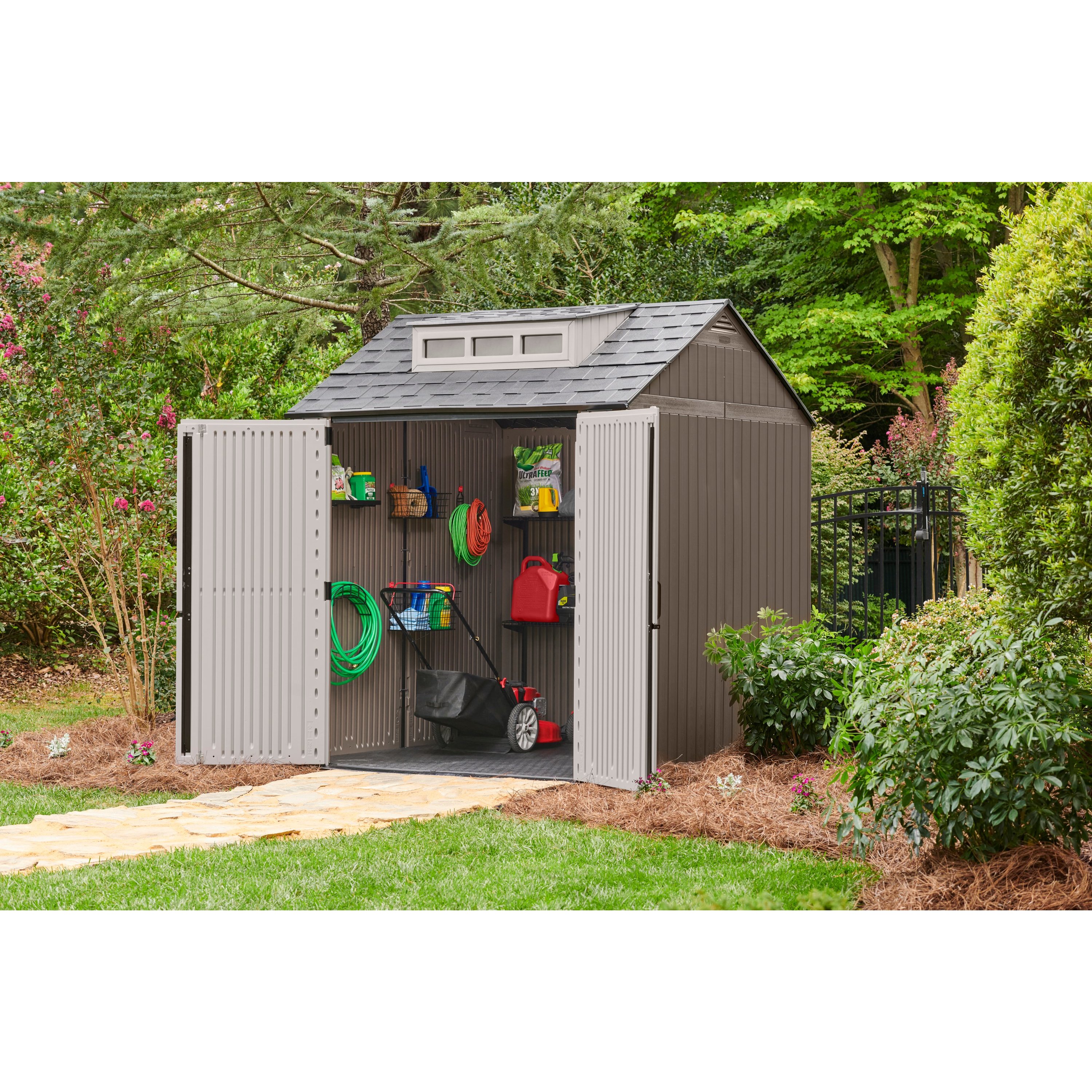 Brown Resin Medium Outdoor Storage Shed with Windows, 7 x 7 ft