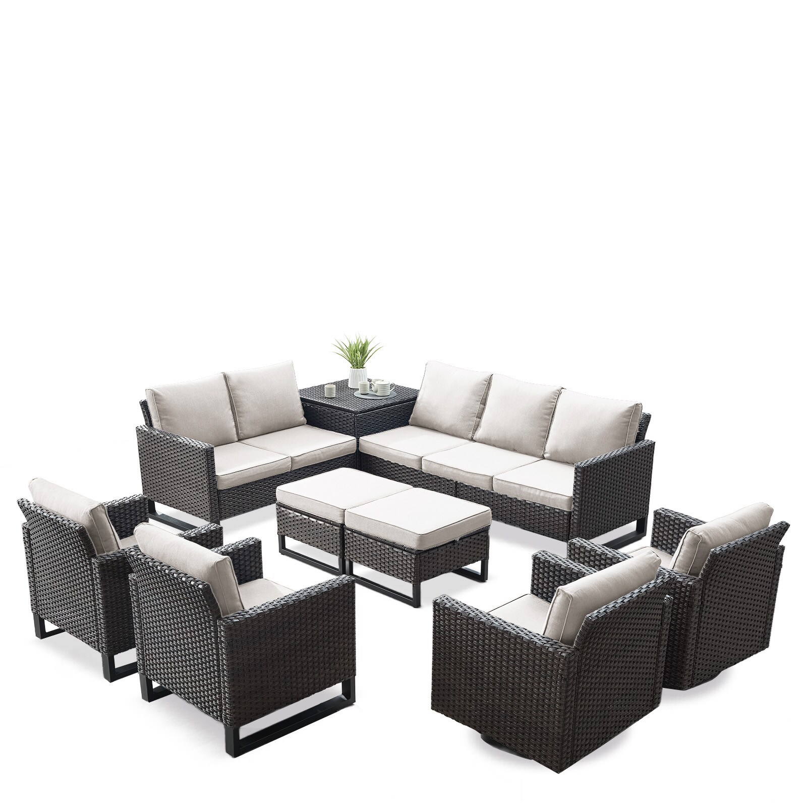 Rilyson FS14850542292-2 9 -Piece Wicker Patio Sofa Conversation Set with Beige Cushions