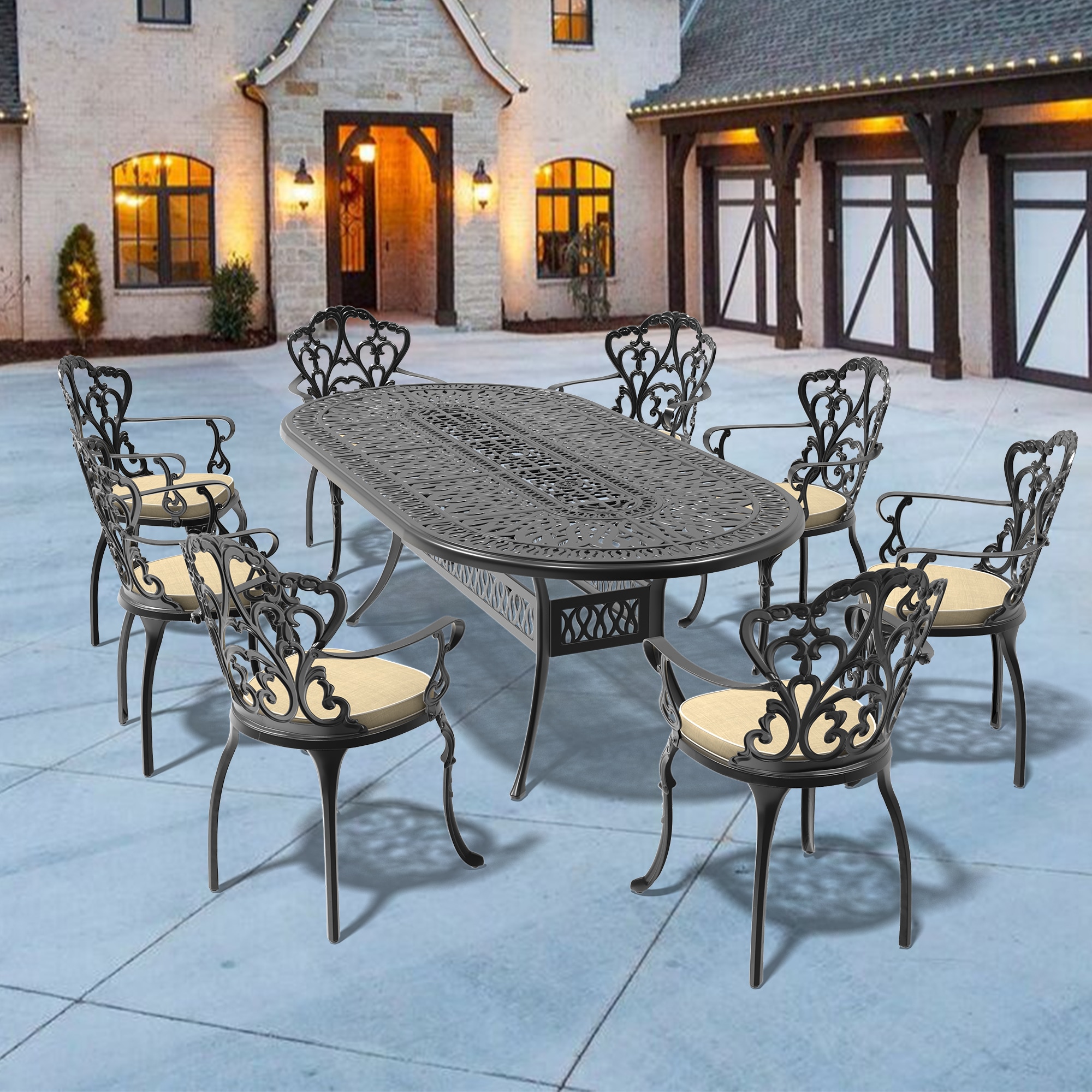 nicesure SLBK6047CZ8A1120RC 9 -Piece Black Patio Dining Set Aluminum Oval Table with 8 Cushions Stationary Chairs