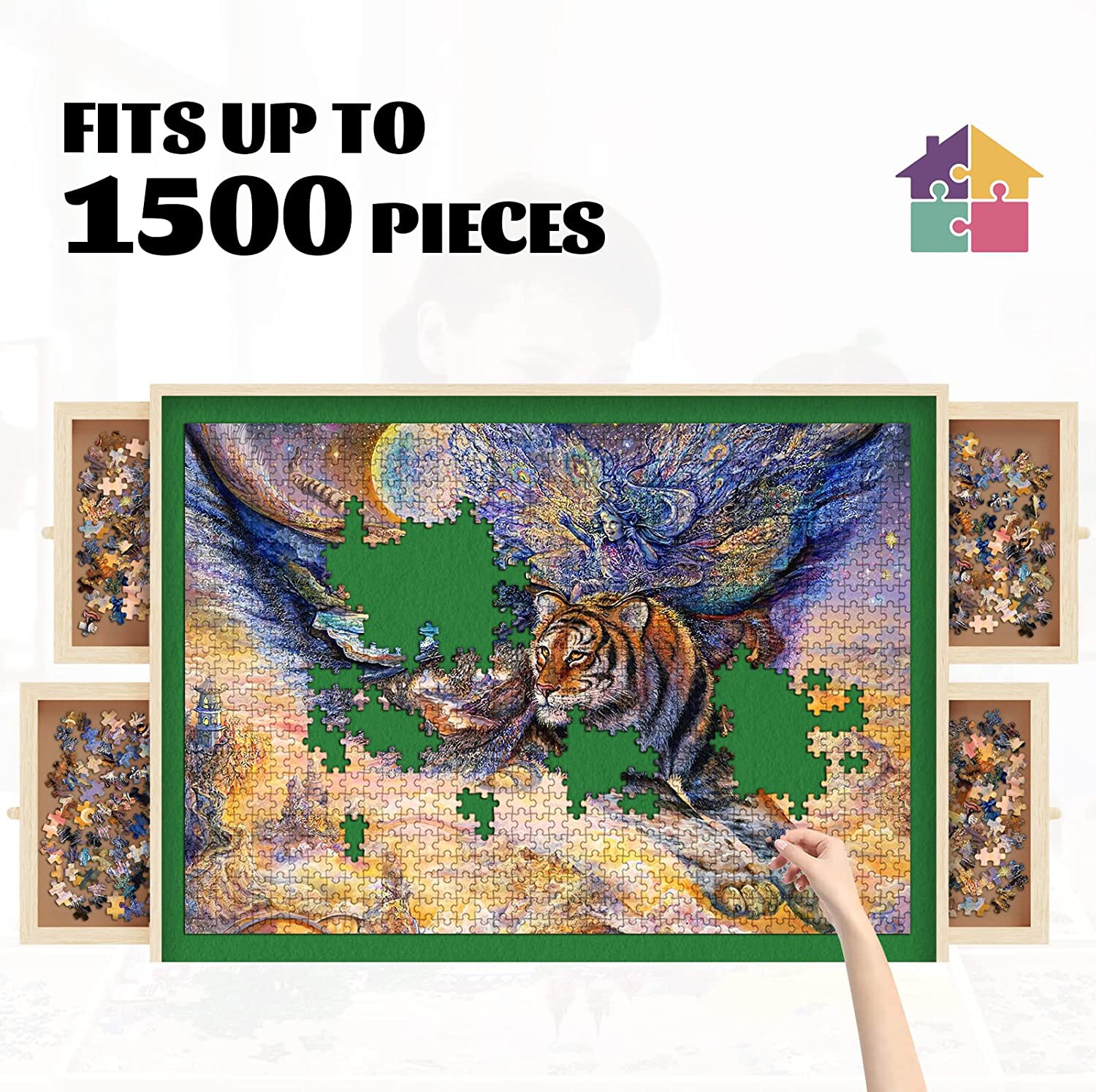 Ginatex table de puzzle tableau pour 1000 à 1500 pcs de puzzle 80 x 65 cm  avec 4 tiroirs coulissants latéral en bois - Conforama