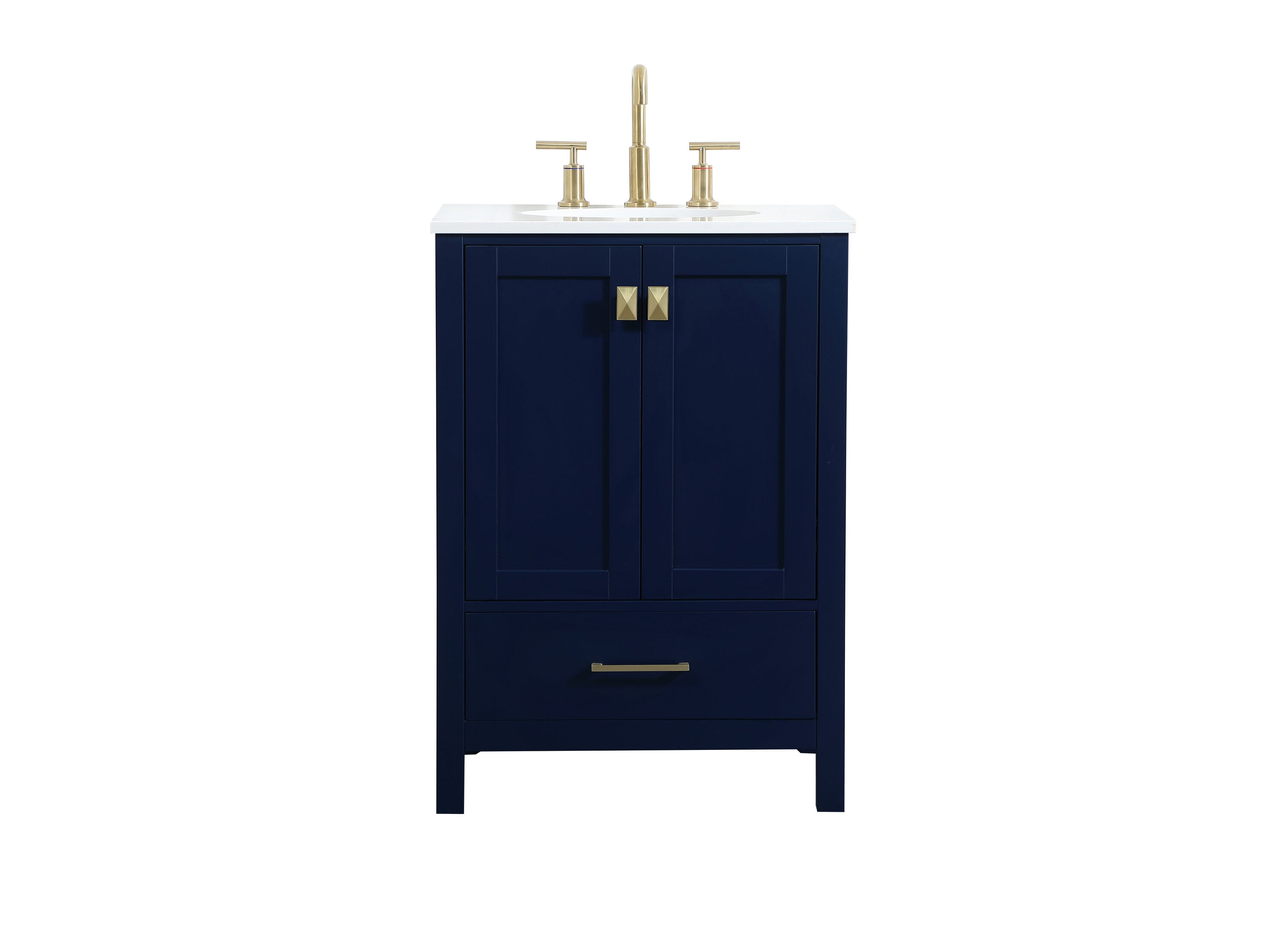 Blue MDF Single Bathroom Vanity with Gold Pulls and Quartz Top