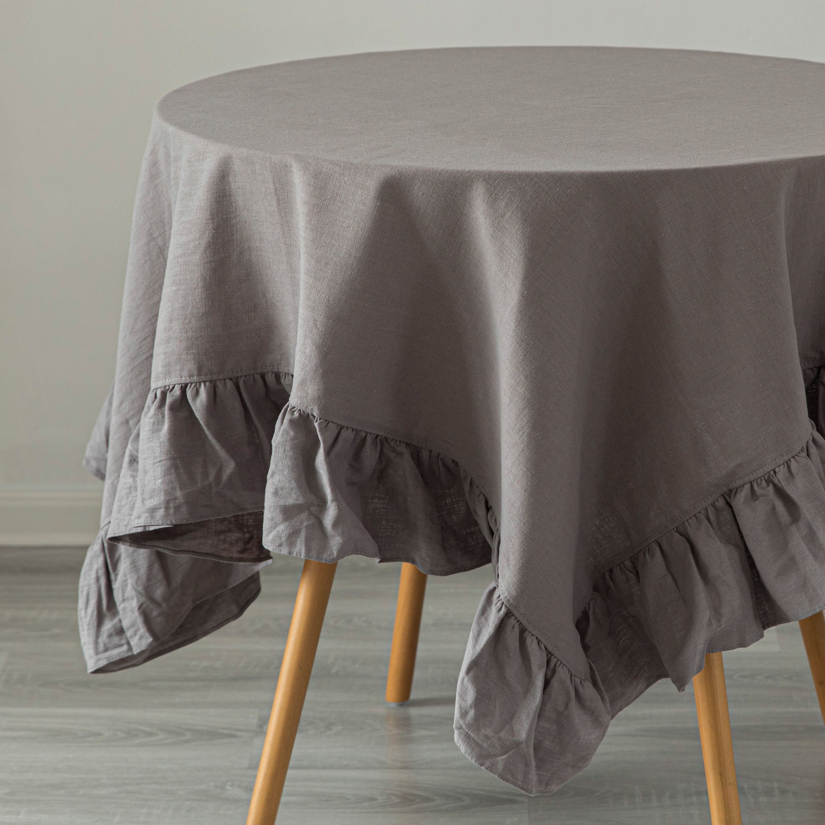 Deerlux 60" x 60" Gray Linen Tablecloth with Ruffle Trim