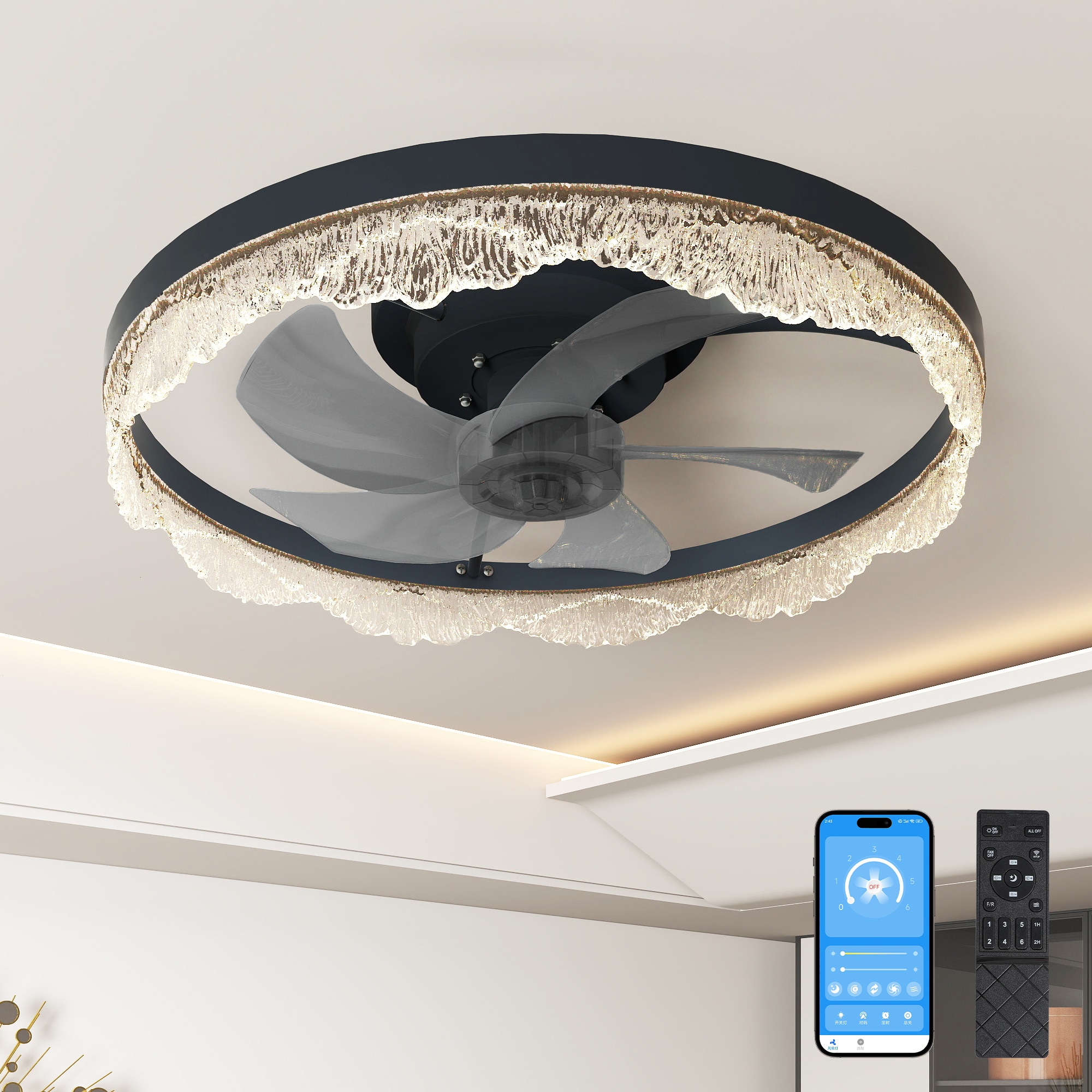 BABOOM BOM-297177-OR Dimmable Ceiling Fan 16-in Color-Changing Integrated LED Flush Mount Smart Black with ABS Blades Fandelier Ceiling Fan With Light - Remote Included ( 5 -Blade )