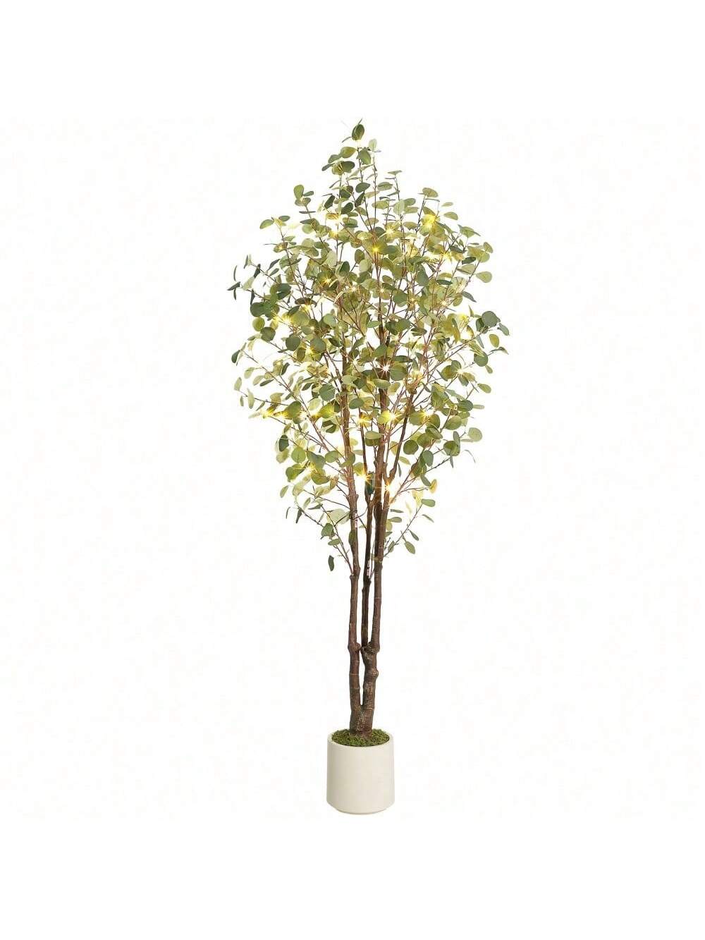 Qeetex PHK-33YMQGKP-HF4 7FT(with lights) Realistic Artificial Eucalyptus Tree with White Planter. Large Faux Floor Plant with Lights. Ideal for Home Office and Living Room Decor