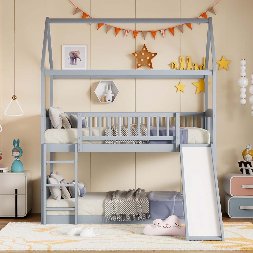 ModernLuxe LT100213AAE Twin Over Twin Bunk Bed with Slide House Bed with Slide  Gray