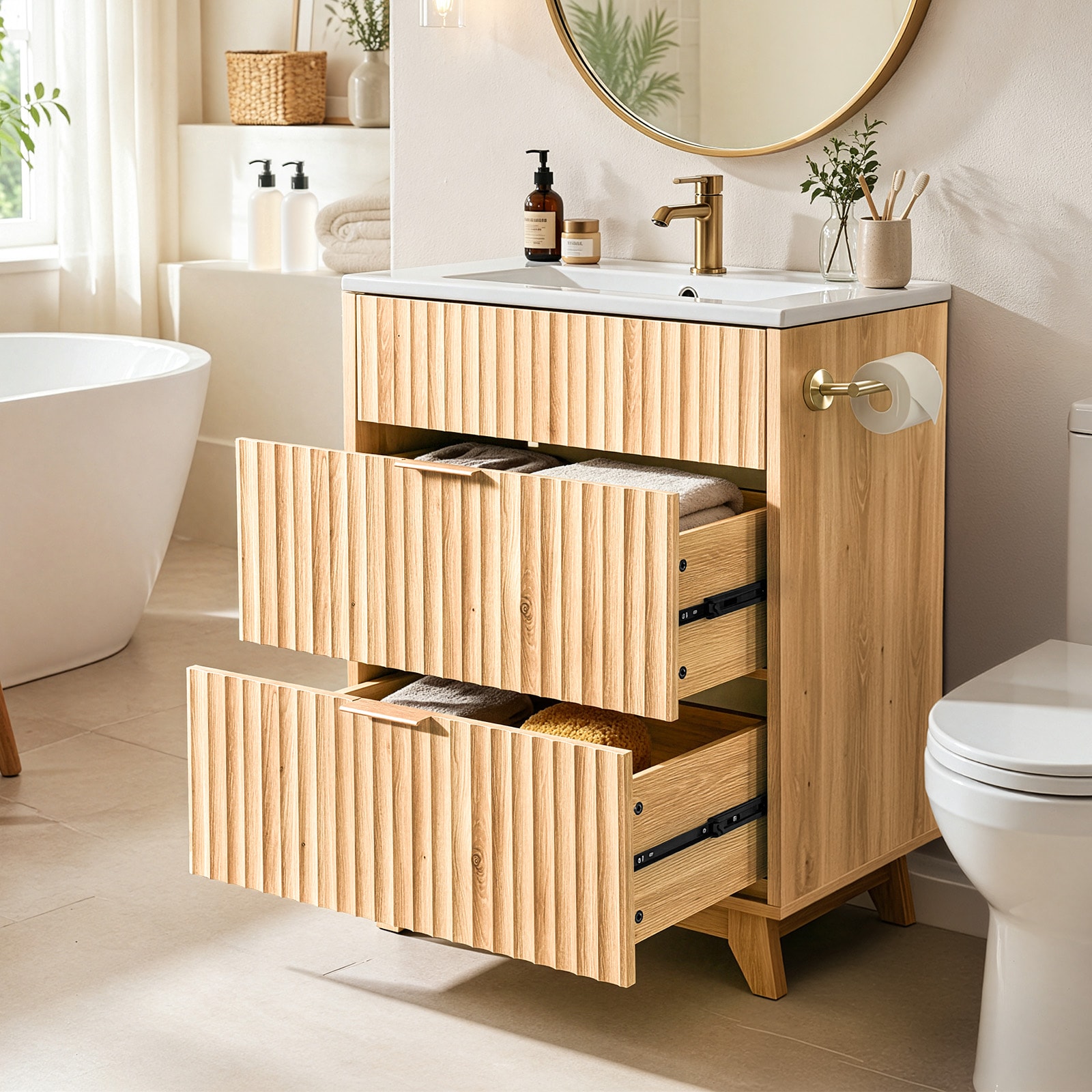 VINGLI 24-in Bathroom Vanity with Ceramic Sink and 2 Drawers Fluted Bathroom Vanity Cabinet Oak
