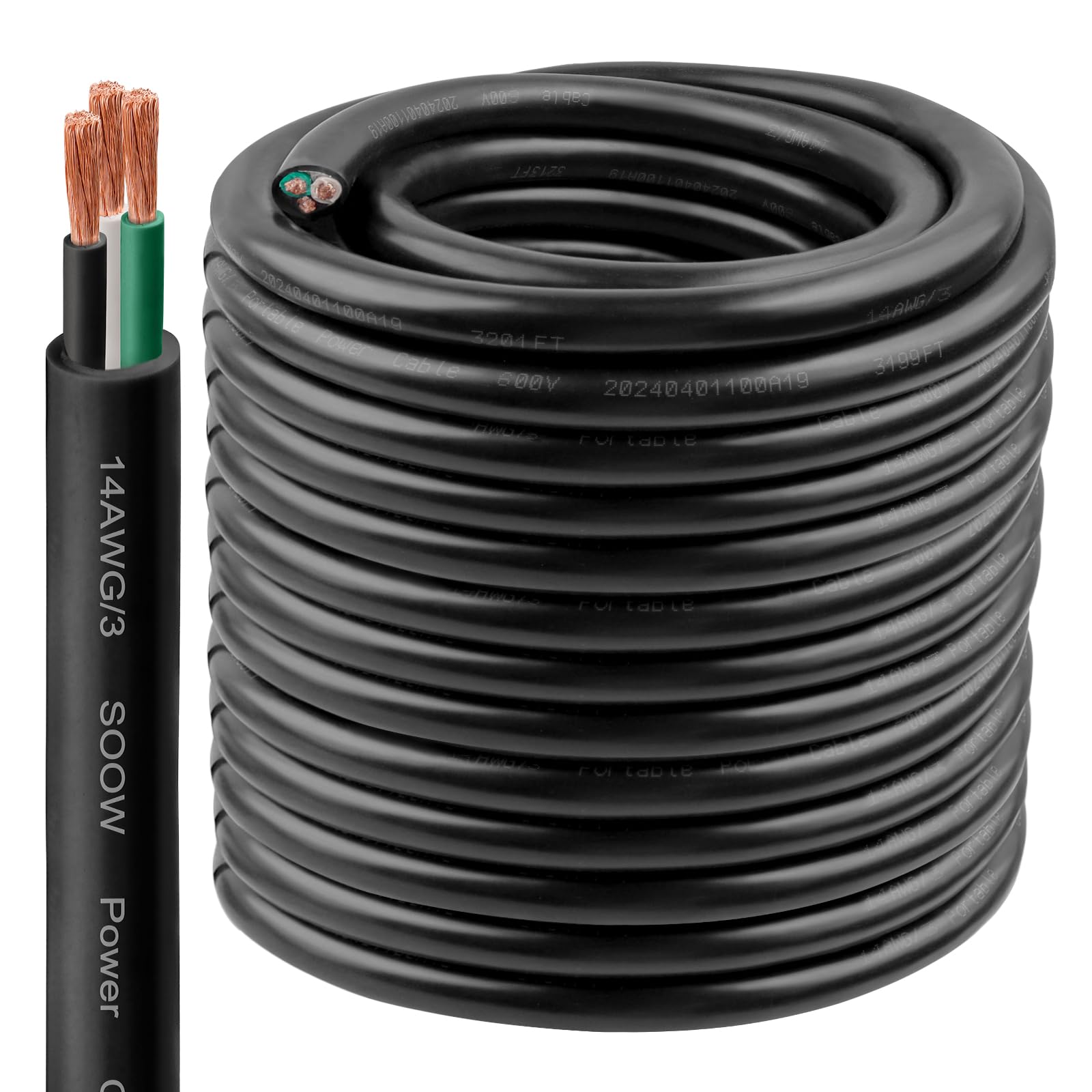 Anqtovp  14 Gauge 3 Conductor SOOW Power Cord 150 Feet Heavy Duty 600 Volt Portable Cable for Industrial Outdoor and Marine Use