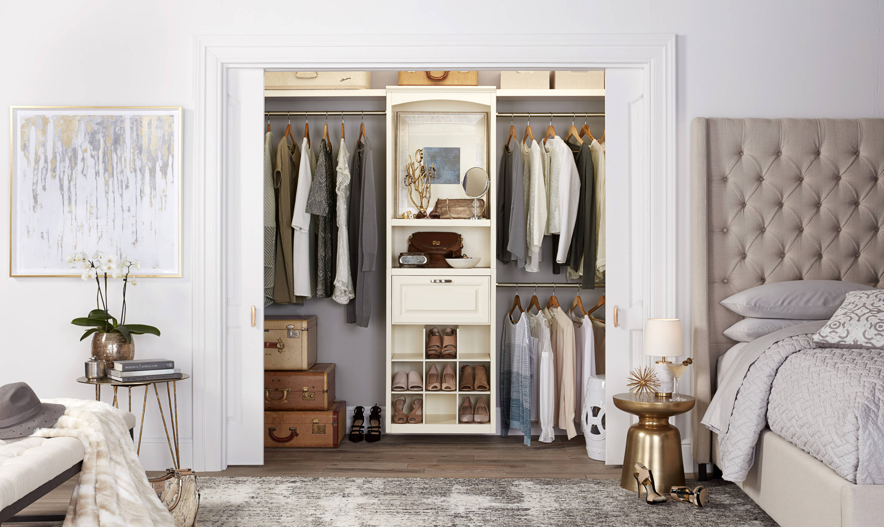 allen + roth Hartford 2-ft to 8-ft W x 6.83-ft H Antique White Solid  Shelving Wood Closet System
