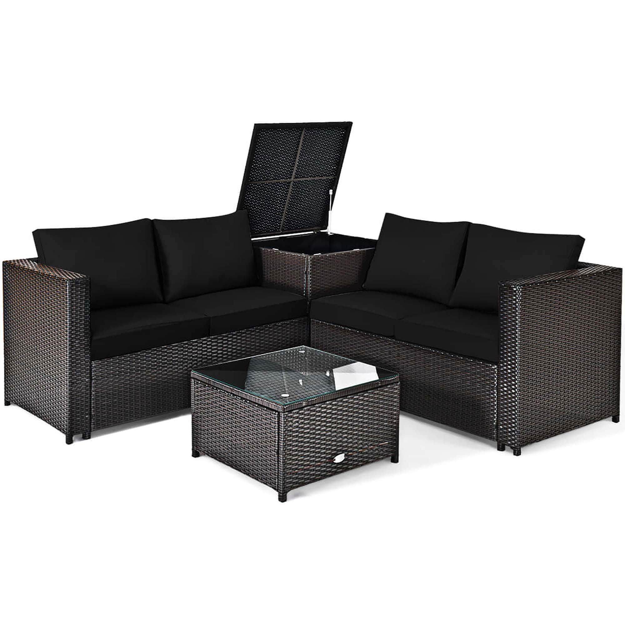 Costway HCST05322 4 -Piece Rattan Patio Conversation Set with Black Cushions