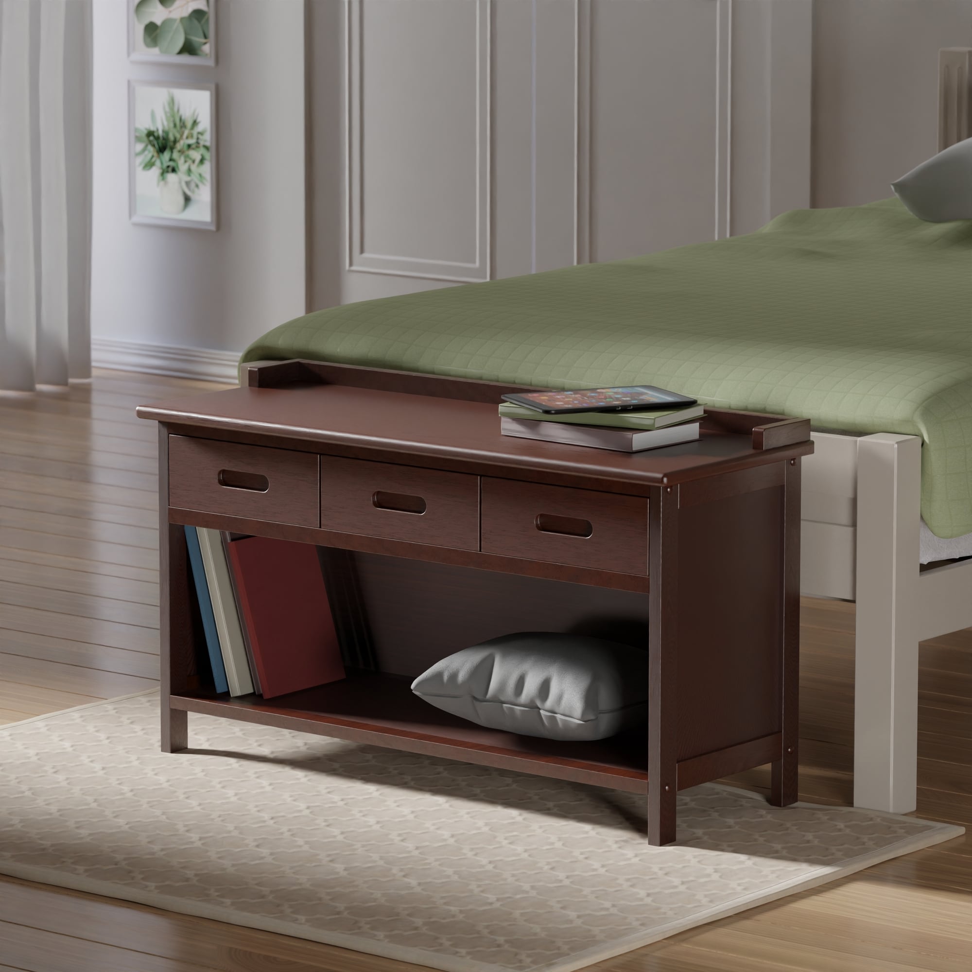 Transitional Walnut Finish Storage Bench with 3 Drawers