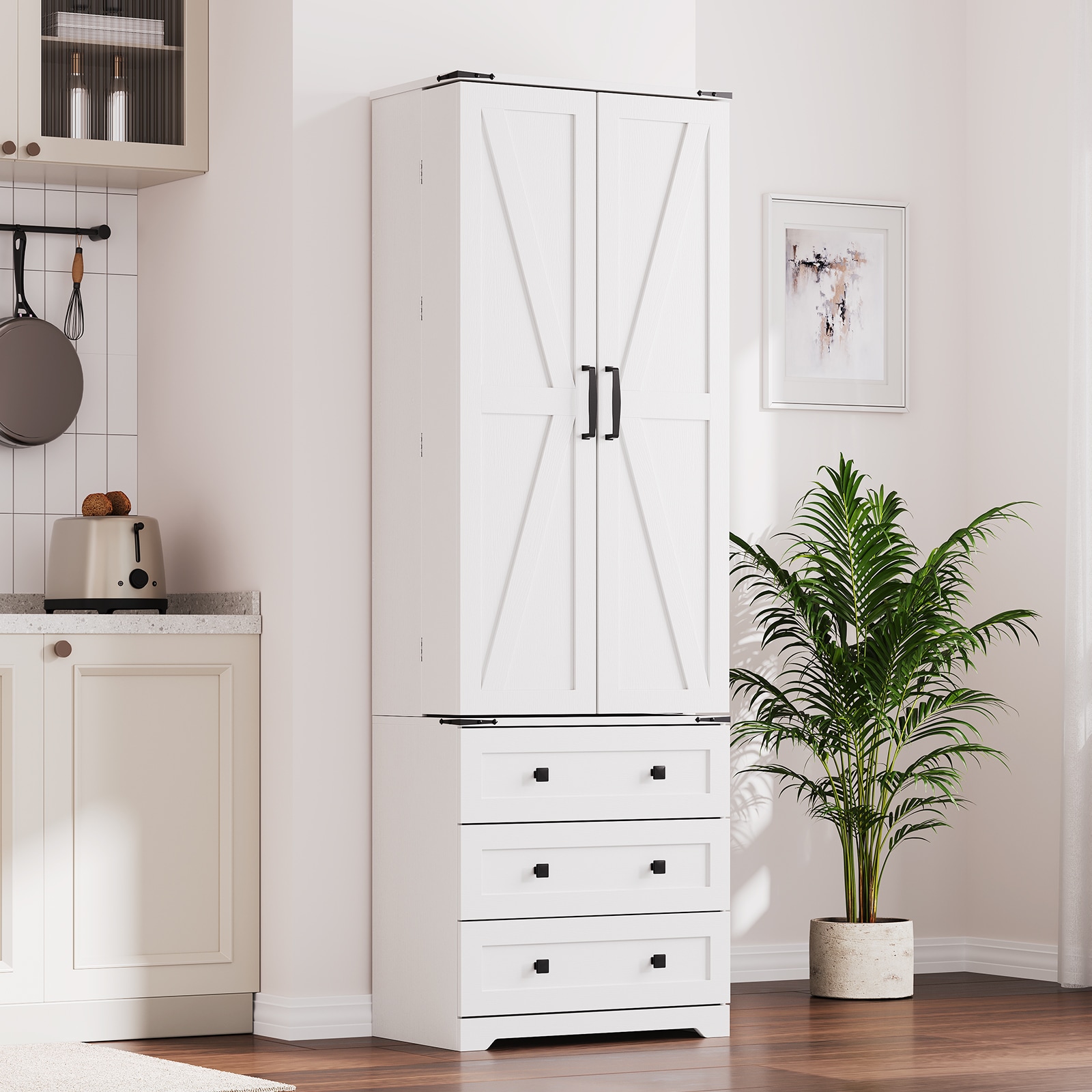GarveeLife 72in Tall Freestanding Transitional Wood Pantry Cabinet with 2 Doors 3 Drawers and Adjustable Shelves Organizer for Kitchen White #4QLHWGM6ED2B