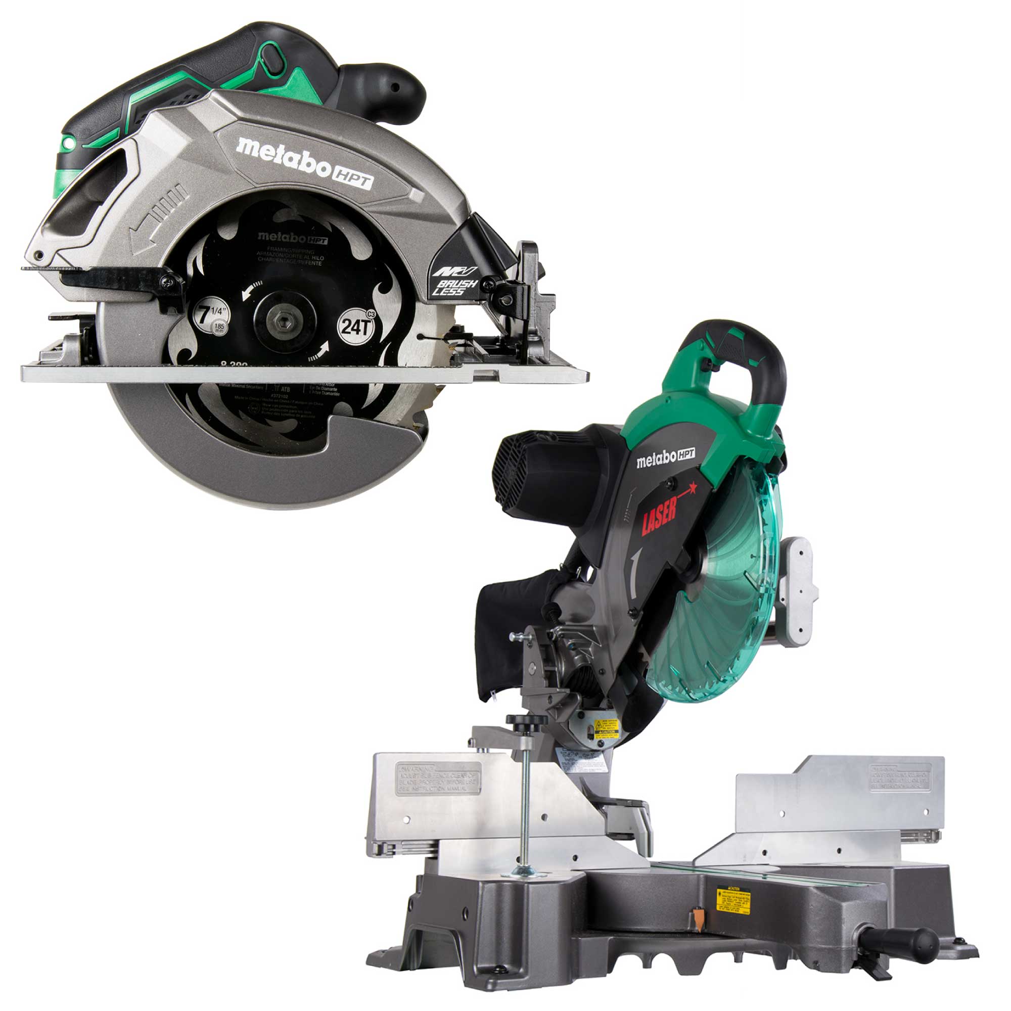 Metabo HPT MultiVolt 36-Volt 7-1/4-in Brushless Circular Saw with 12-in 15 Amps Dual Bevel Sliding Compound Corded Miter Saw