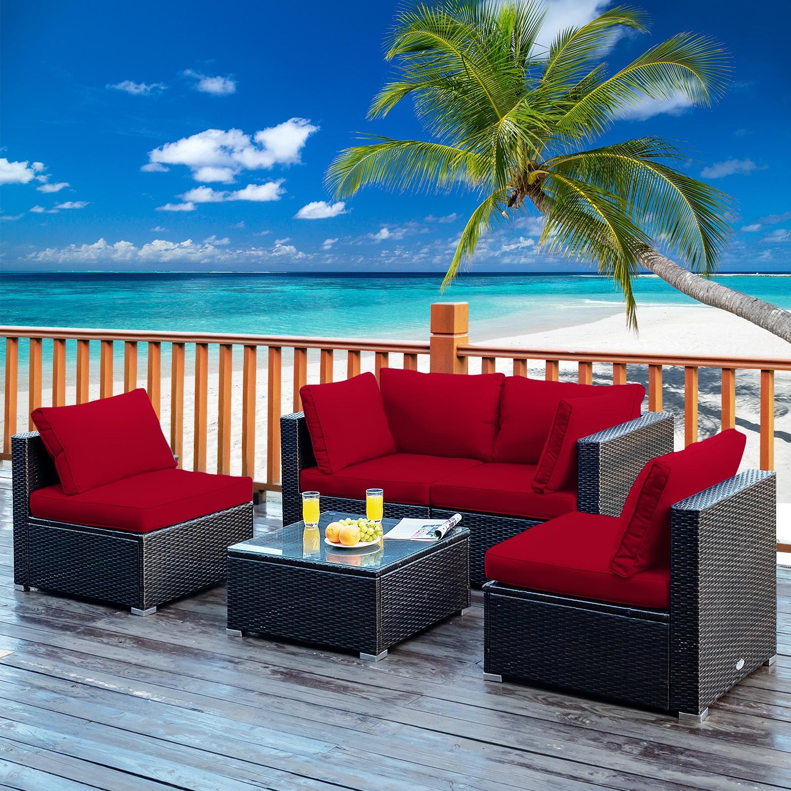 BABOOM BOM-691ARE+-CO 5 -Piece Rattan 2 Patio Sofa Conversation Set with Red Cushions