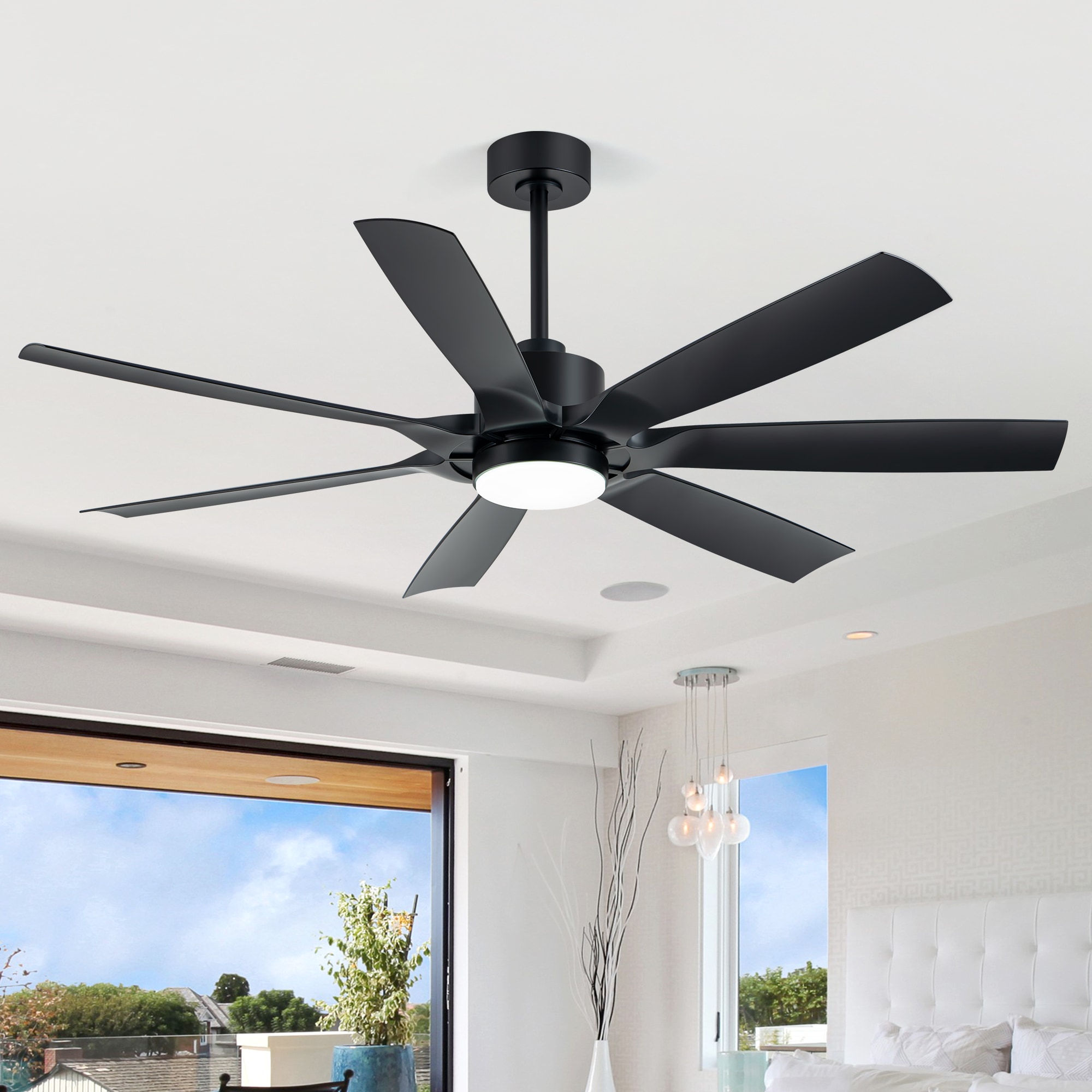 Breezary 30040-AB Durable Acrylic 60-in Color-Changing Integrated LED Matte Black with Curved ABS Blades Ceiling Fan With Light - Remote Included ( 7 -Blade )