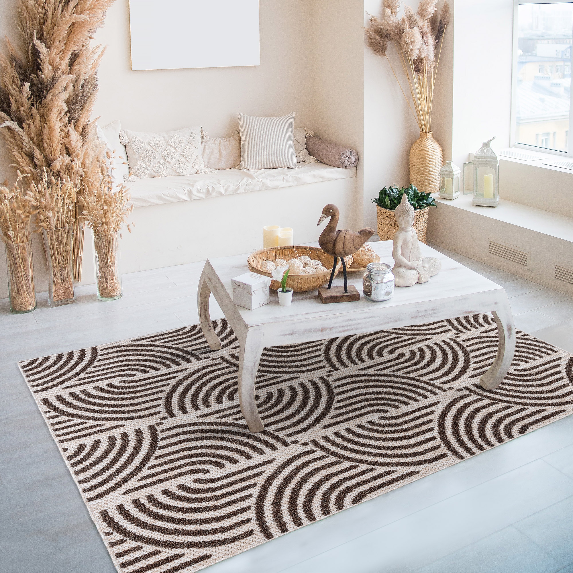 allen + roth 28235 Rounded Shores 4 x 6 (ft) Polyester Mocha Rectangular Indoor Geometric Area rug