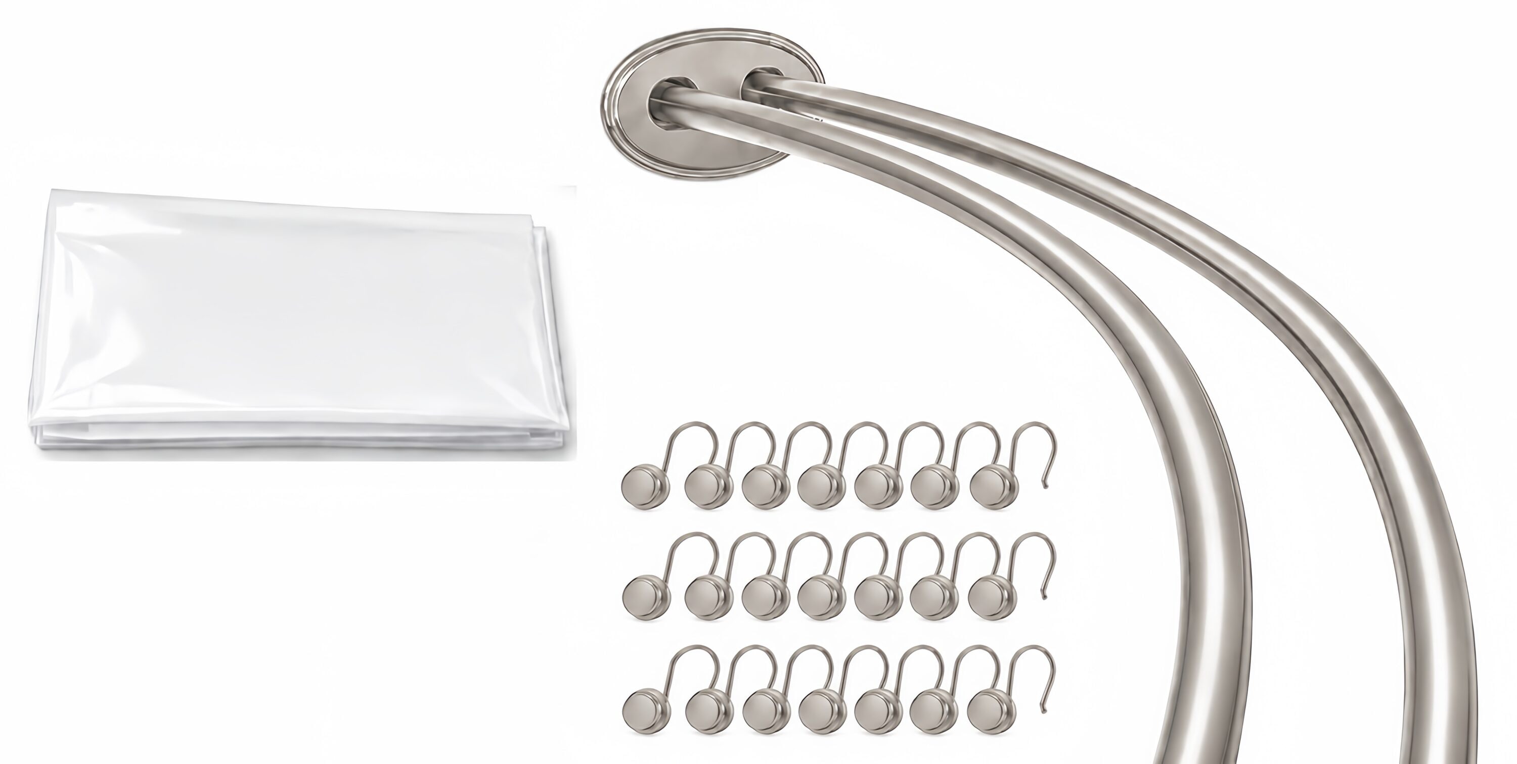 Utopia Alley Shower Suite by  Rustproof Aluminum Double Curved Shower Curtain Rod Combo Set with Liner and 24 Hooks Adjustable 45 to 72 Inch Wall Mounted Dual Rod Brushed Nickel