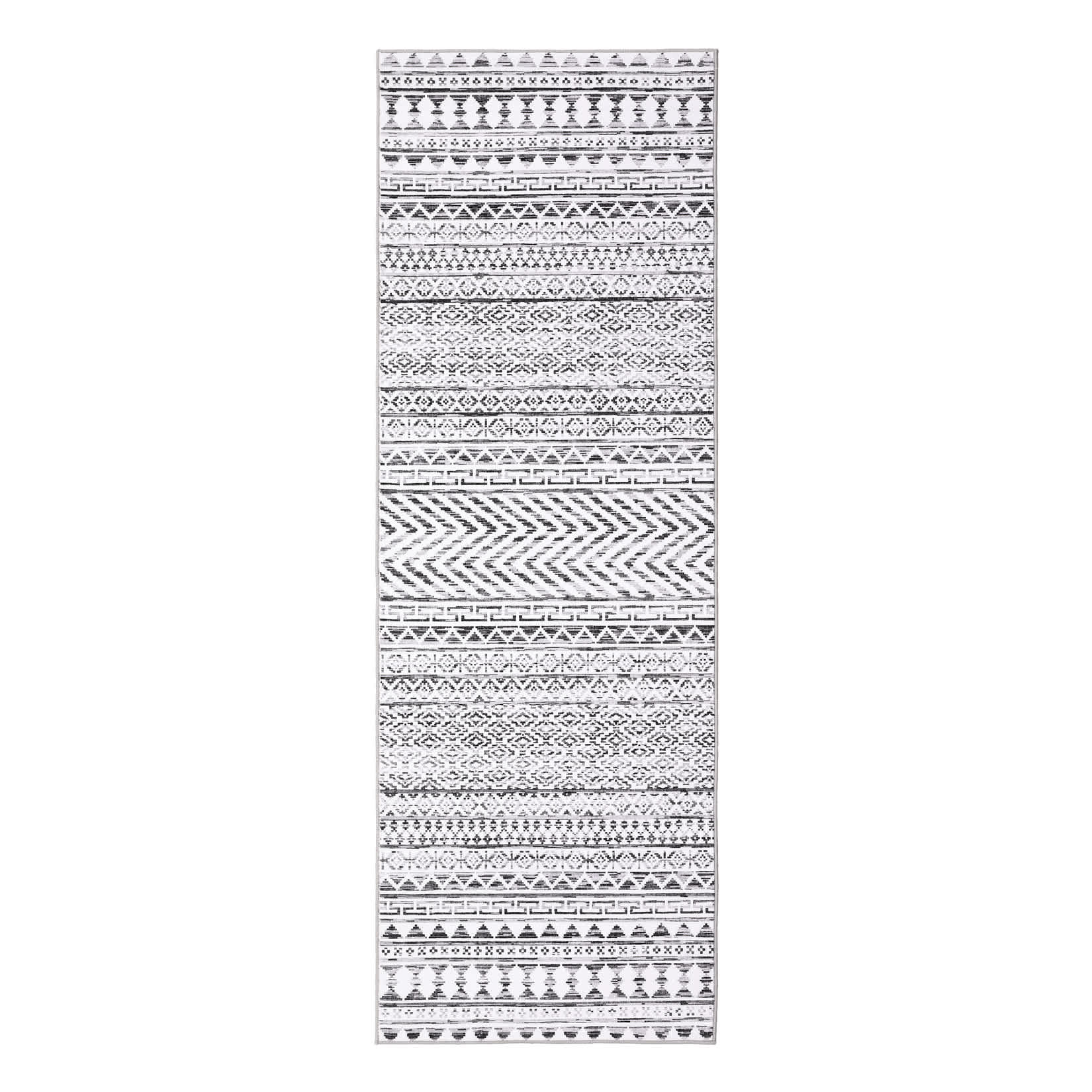Qeetex SUNNY-PHO-15DJKOBJ 2 x 6 ft Polyester Grey Rectangular Dining Room Laundry Bathroom Kitchen Geometric Stripped Print Modern Machine Washable Runner Rug