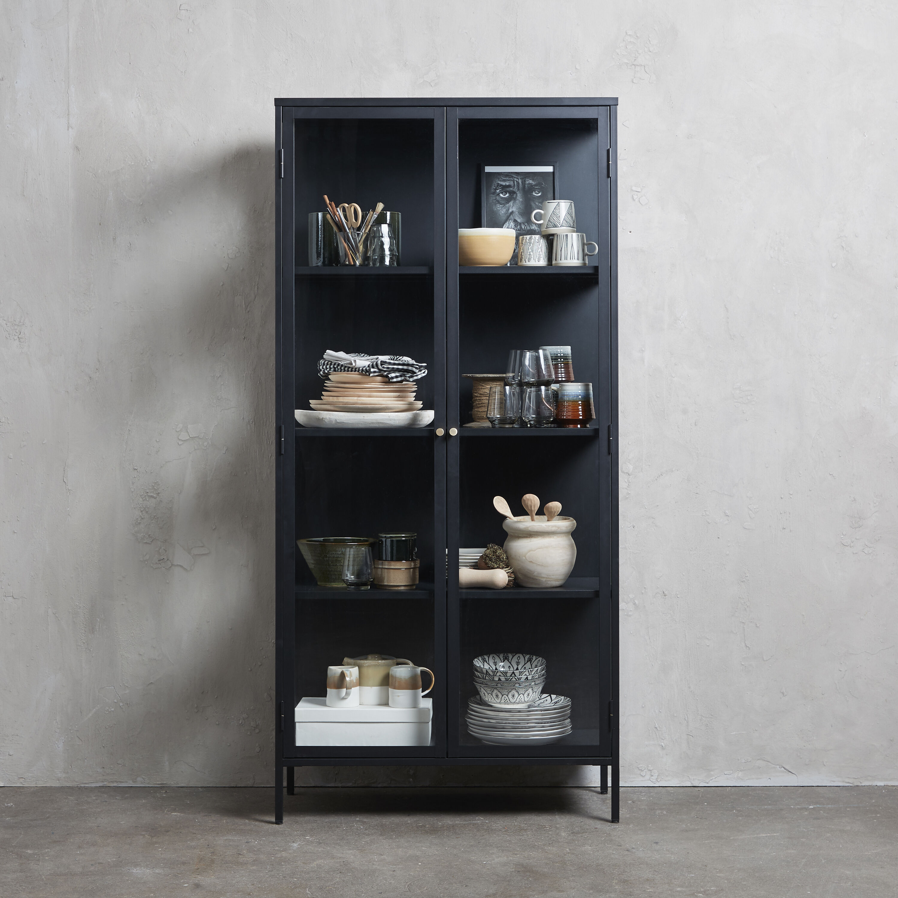 Elegant Black and Golden 75" Metal & Glass Display Cabinet