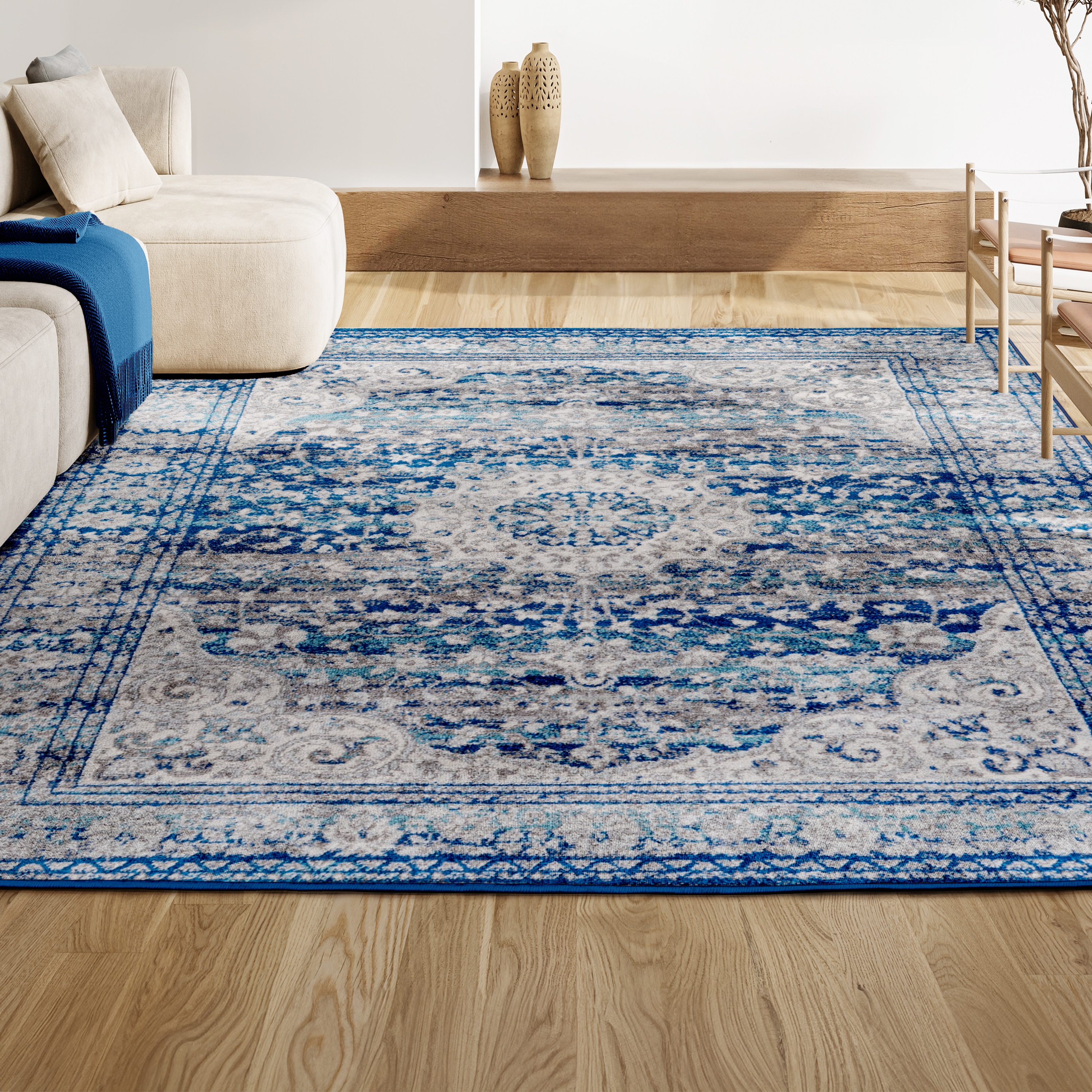 Blue and Dark Gray Medallion Synthetic 4' x 6' Area Rug