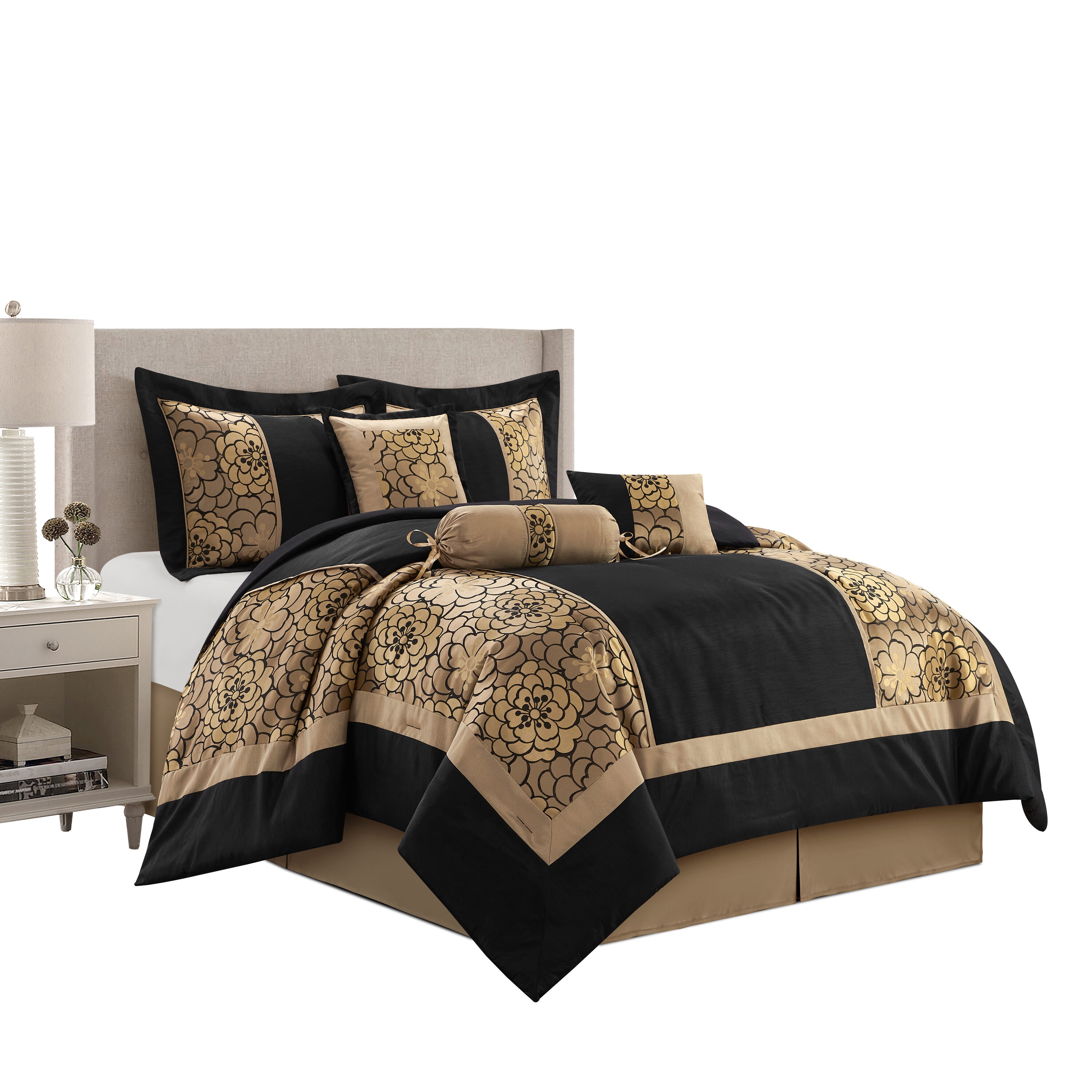 Grand Avenue Sibyl 7-Piece Black/Gold Queen Comforter Set in the