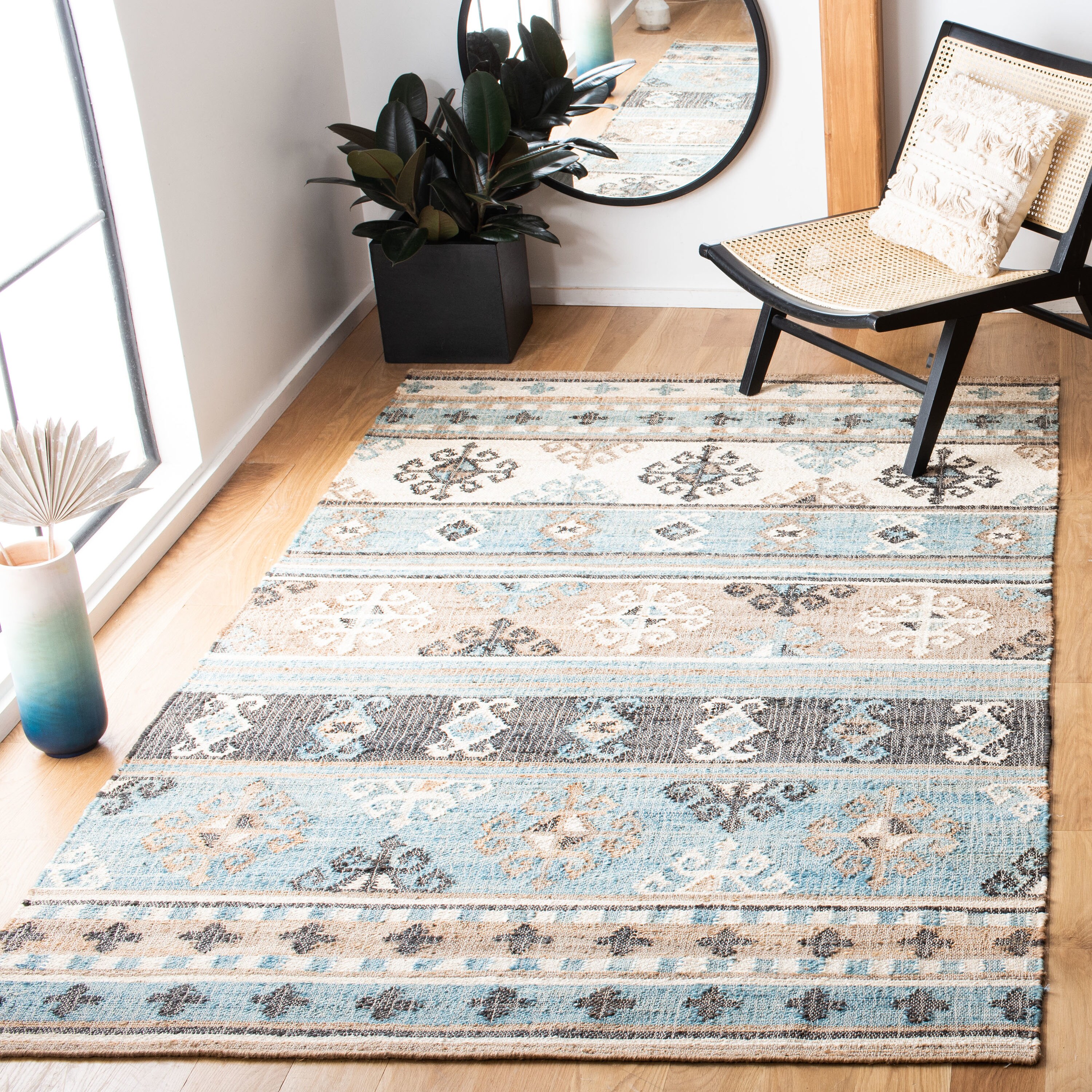 Handmade Blue and Ivory Cotton Kilim 5' x 8' Area Rug