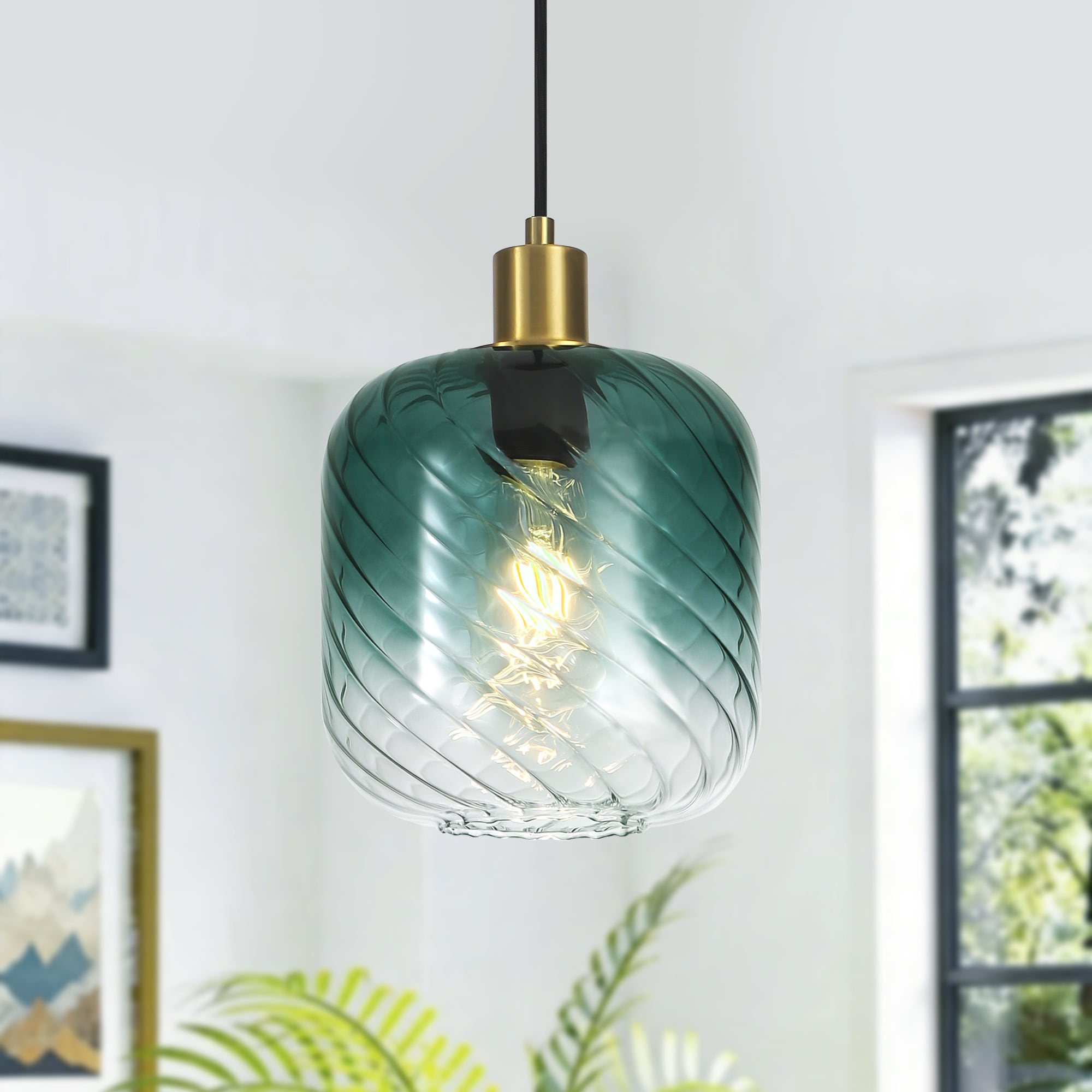 Henveton Jasslynn 1-Light Modern Gradient Ink Green Pendant Ligh with Vintage Spiral Glass Shade for Kitchen Island Bedroom