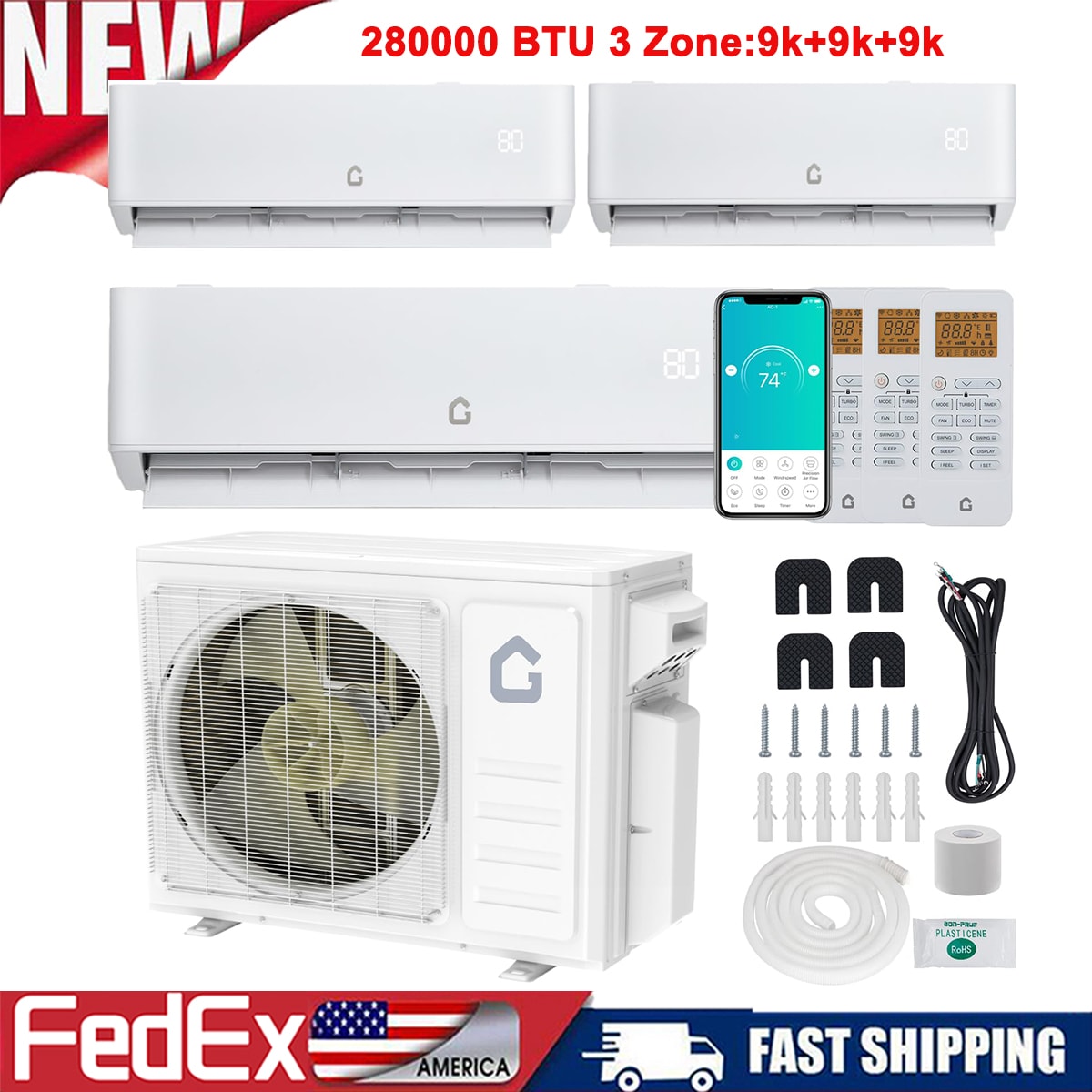 Garvee 28000 BTU Tri Zone 20 SEER2 3 Zone 9000+9000+9000 BTU Mini Ductless Split Air Conditioner with Heat Pump