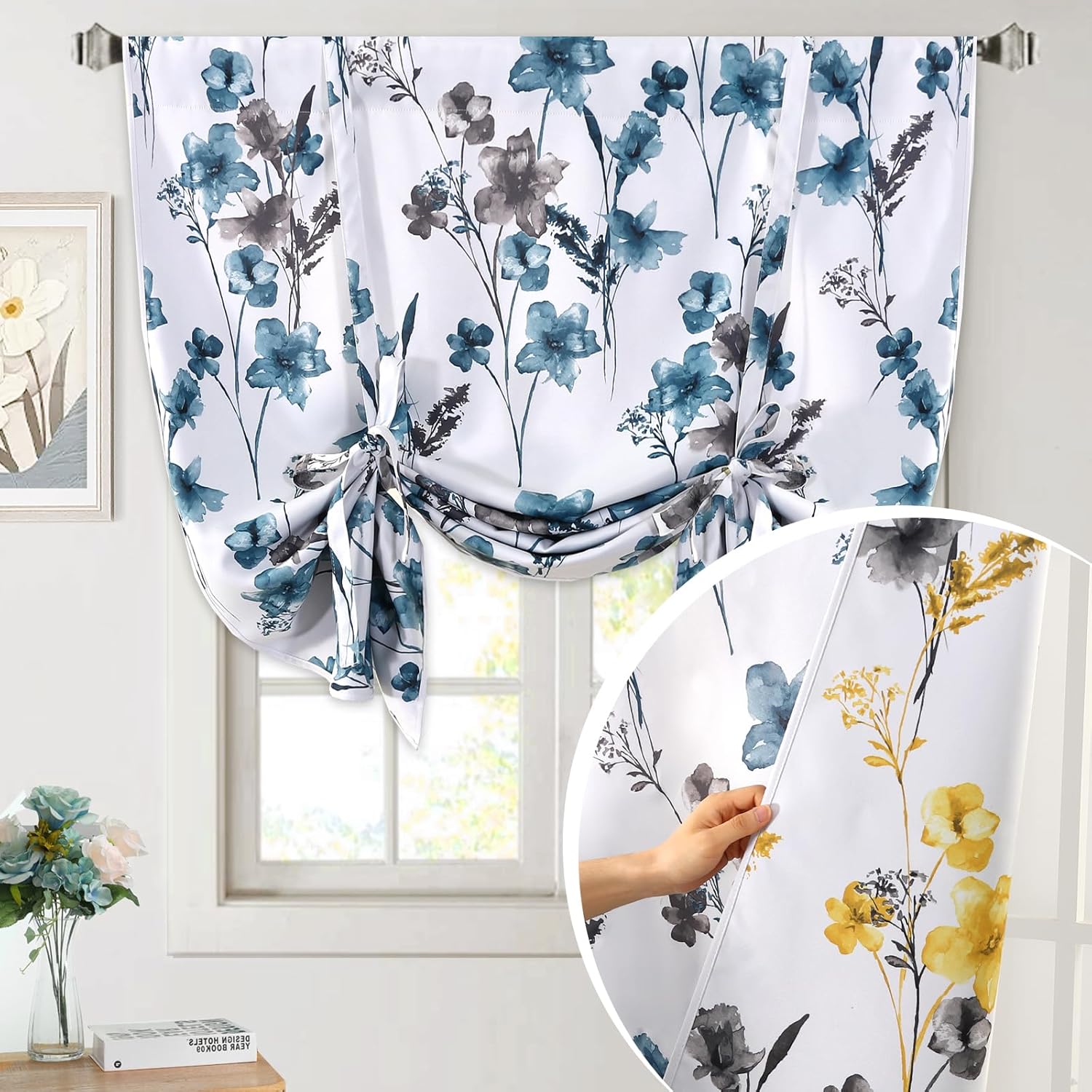 H.Versailtex  Reversible TieUp Valance Cattleya Floral DoubleSided Balloon Roman Curtain BlueCoral W 42 x L 36 42 x 45 in Reversible in Blue/Yellow