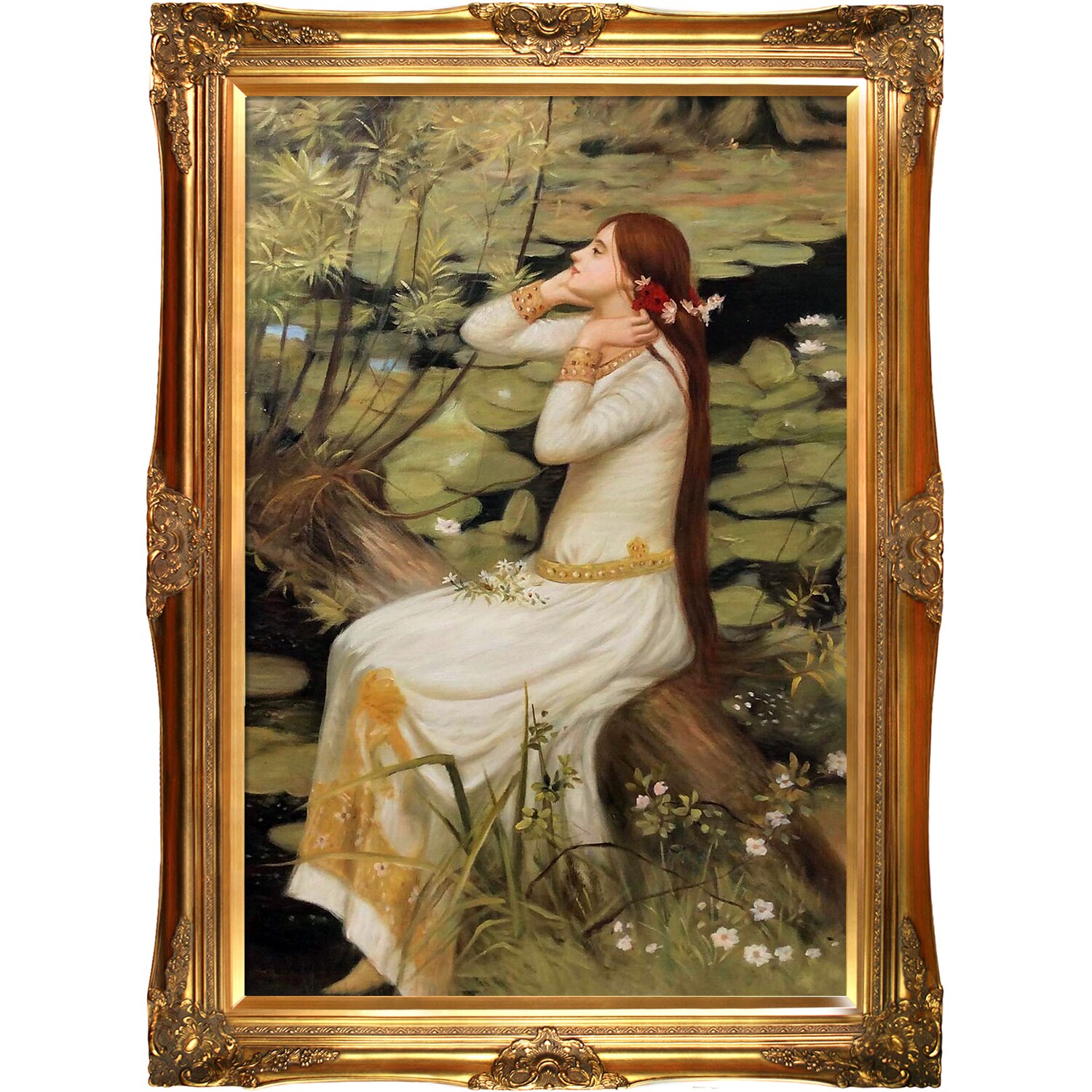 La Pastiche 688576720319 Ophelia John William Waterhouse Gold Wood Framed 32-Inches H x 44-Inches W People Canvas Hand-Painted Painting