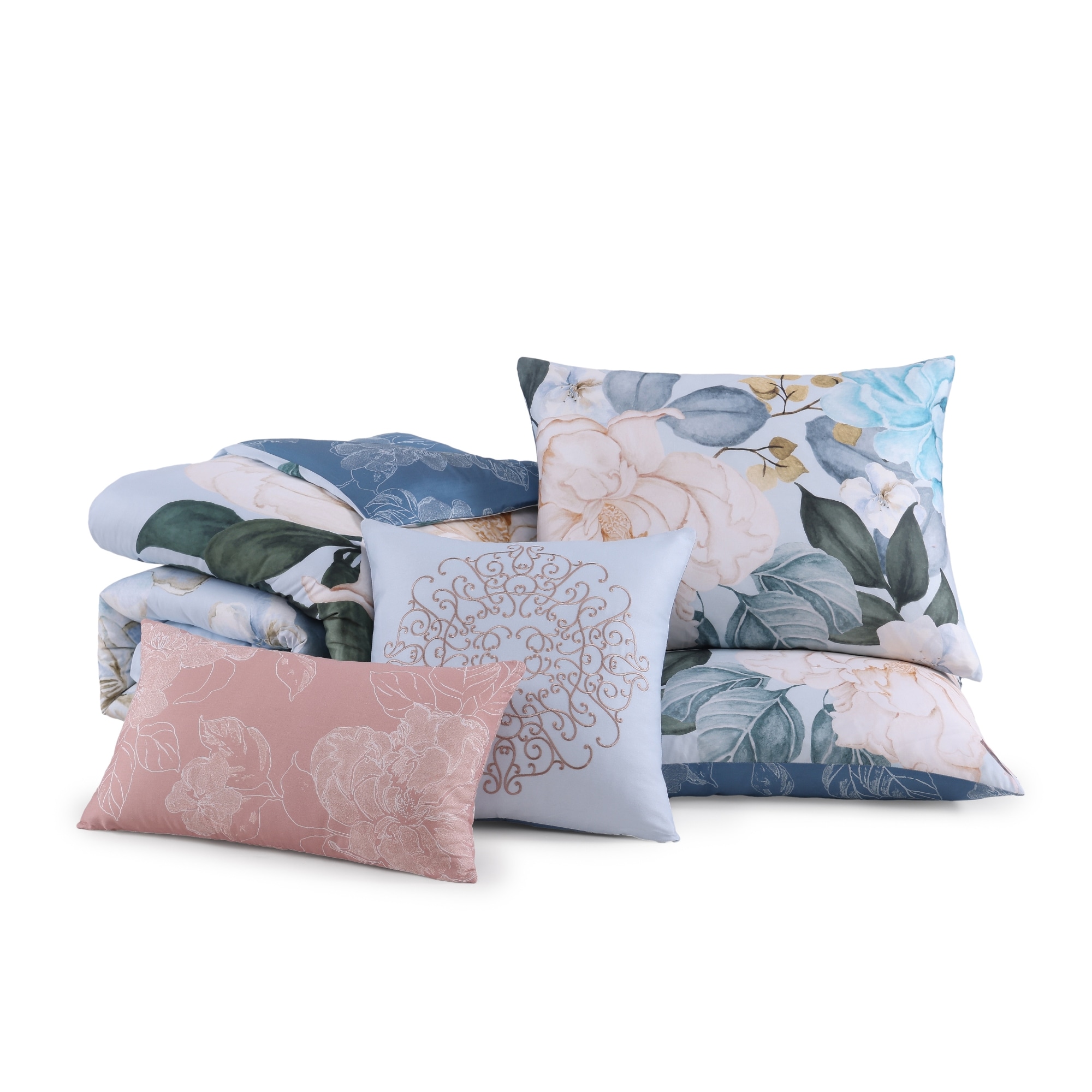 Sky Blue Floral Cotton Queen Reversible Comforter Set