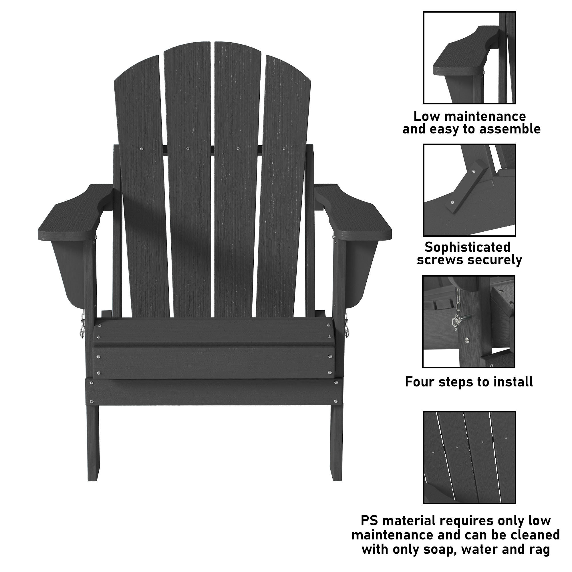 Clihome Adirondack Chair Stackable Black Plastic Frame Stationary