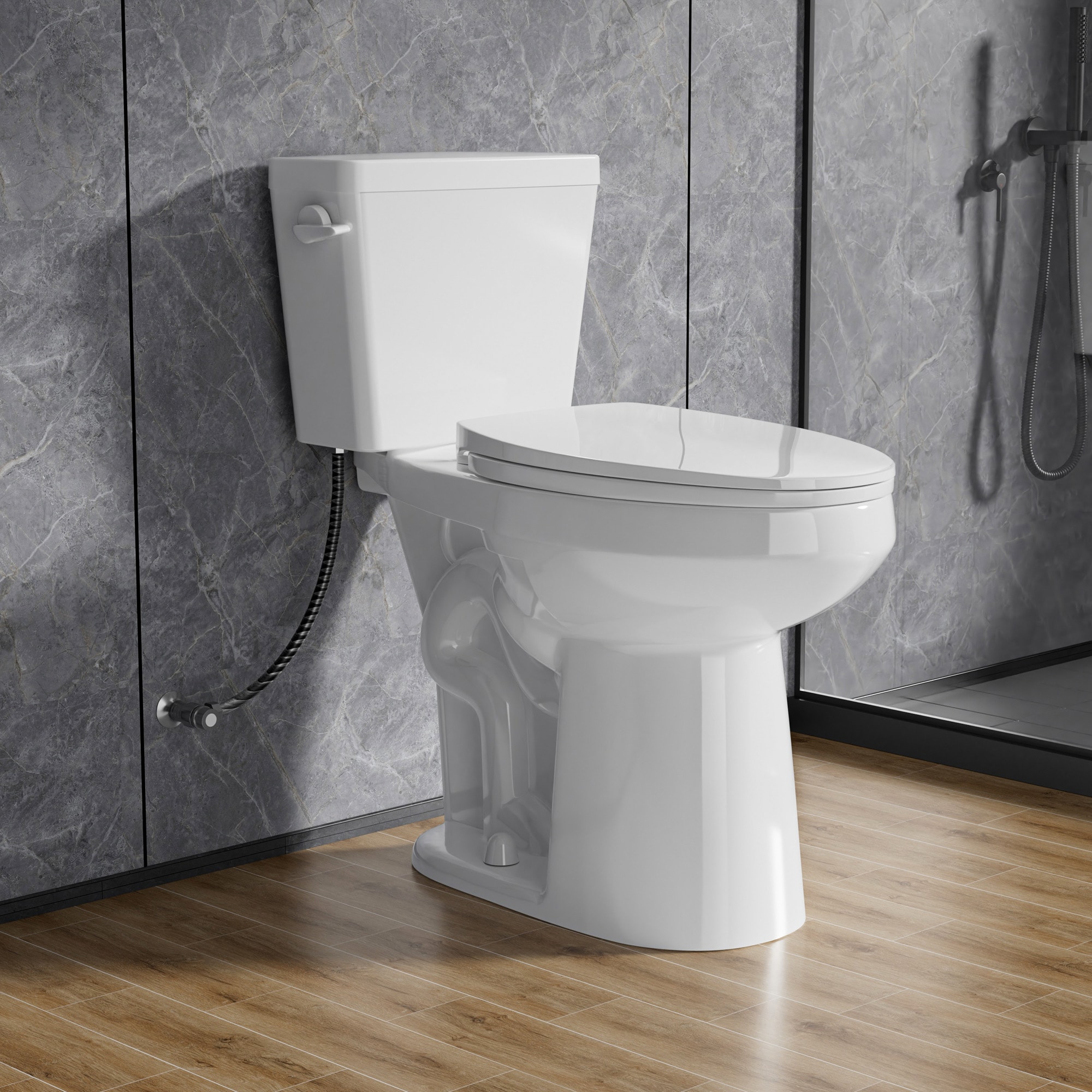 Miuara  21 Inch Elongated  Extra Tall Toilet Single Flush 1.28 GPF Left Hand Trip Lever Powerful Tornado Flush Two Piece White