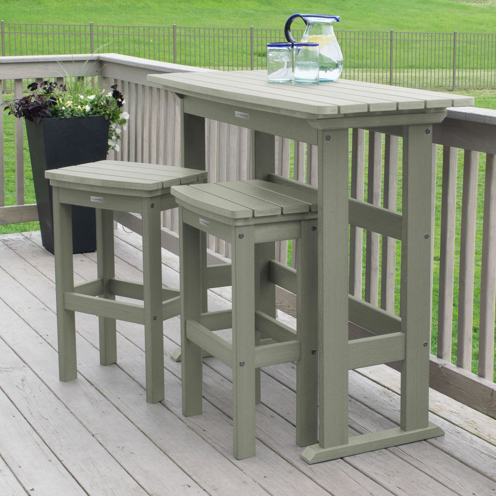 highwood AD-KITBALC2-EUC The Lehigh 3 -Piece Eucalyptus Bar Height Patio Dining Set Plastic Rectangle Table with 2 Stationary Chairs