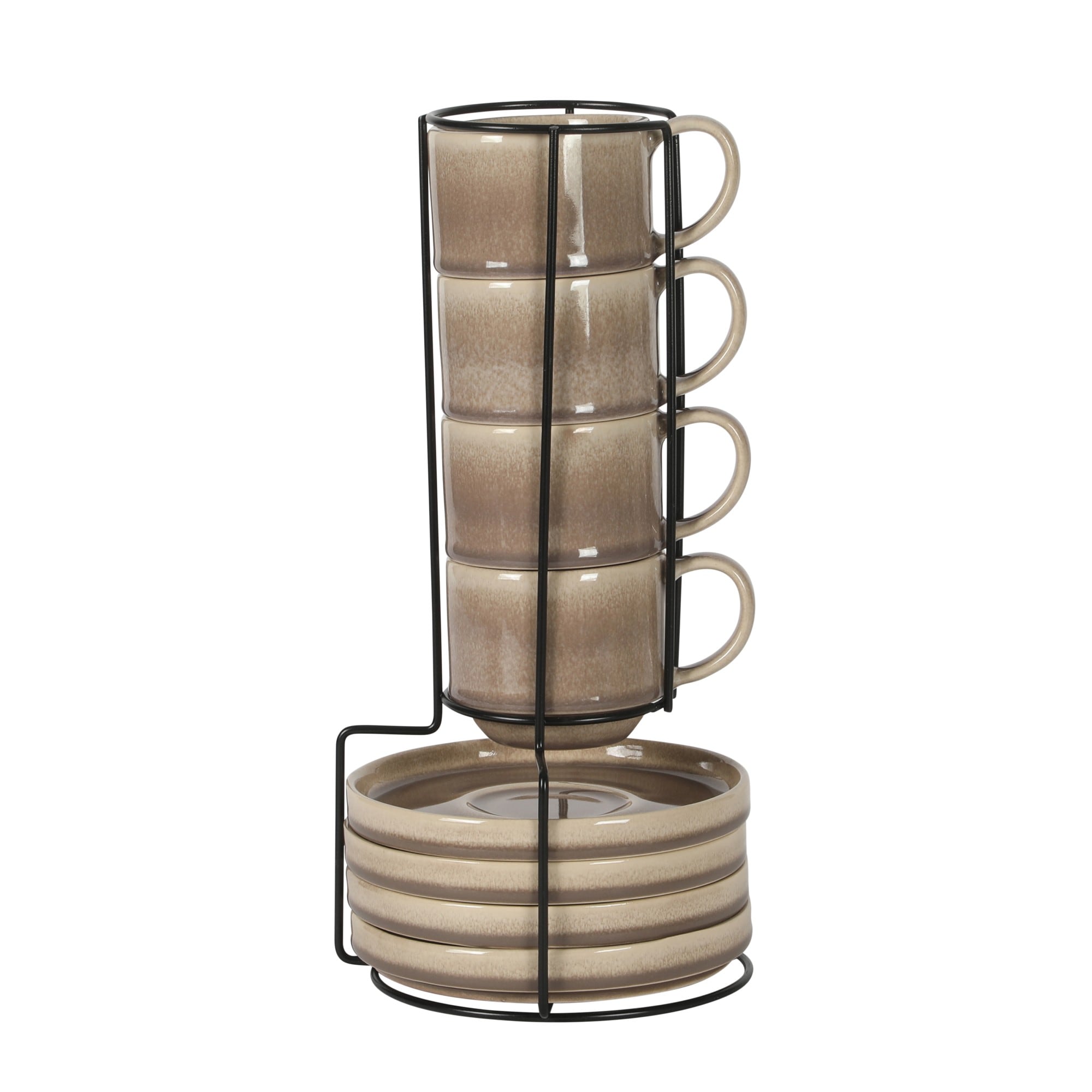 Gibson Elite  Sunrise Hills 9 Piece Stackable Stoneware Cup and Saucer Set with Metal Rack 6 oz Service for 4 Dishwasher and Microwave Safe Taupe