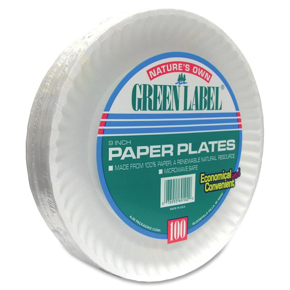 AJM Uncoated Paper Plates, 9, White - 12 Packs, 100 Per Pack