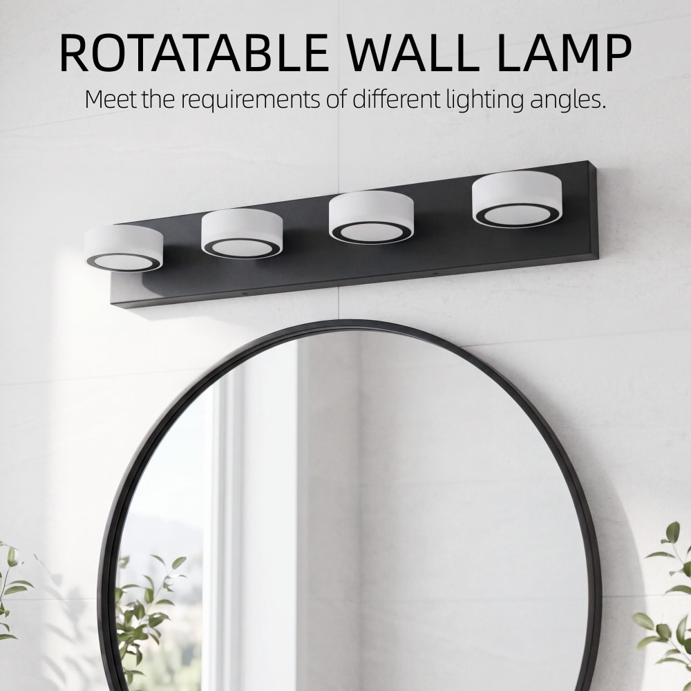 Basdien 29 in Black LED Vanity Light 4 Light White Round Acrylic Shade with Black Metal Base Bathroom Wall Lighting Fixture Modern Dimmable for Powder Room Dressing Table Vanity Mirror Grooming Makeup No Bulbs Needed