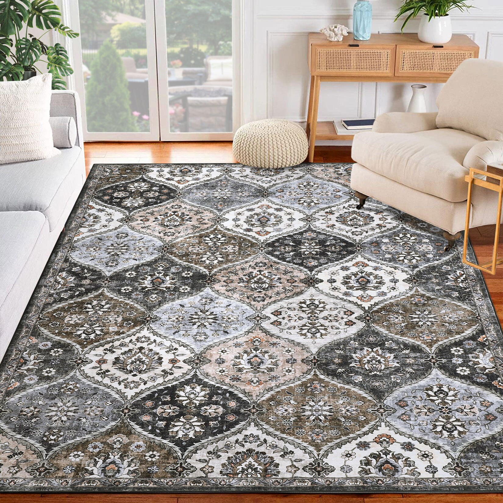 Garvee YXY-LO-PHO-10OJ1SHZ 4 x 6 (ft) Loomed Polyester Gray/Brown Rectangular Indoor Medallion Vintage Machine washable Area rug