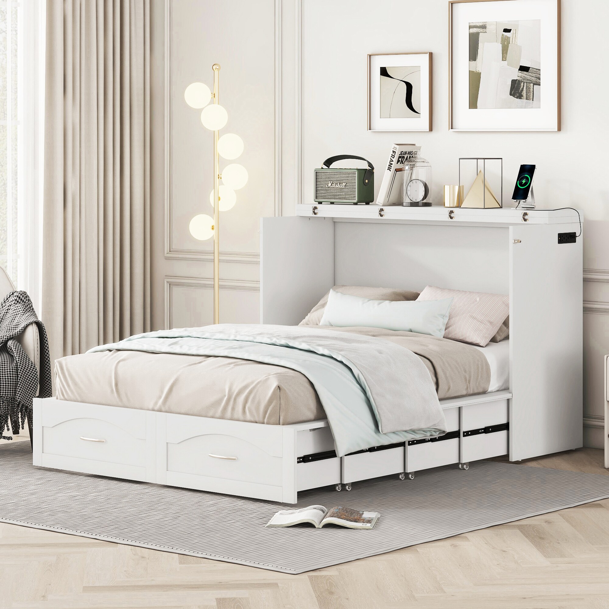 ModernLuxe LP000670AAK Full Size Murphy Bed Wall Bed with drawer and a set of Sockets  USB Ports Pulley Structure Design White
