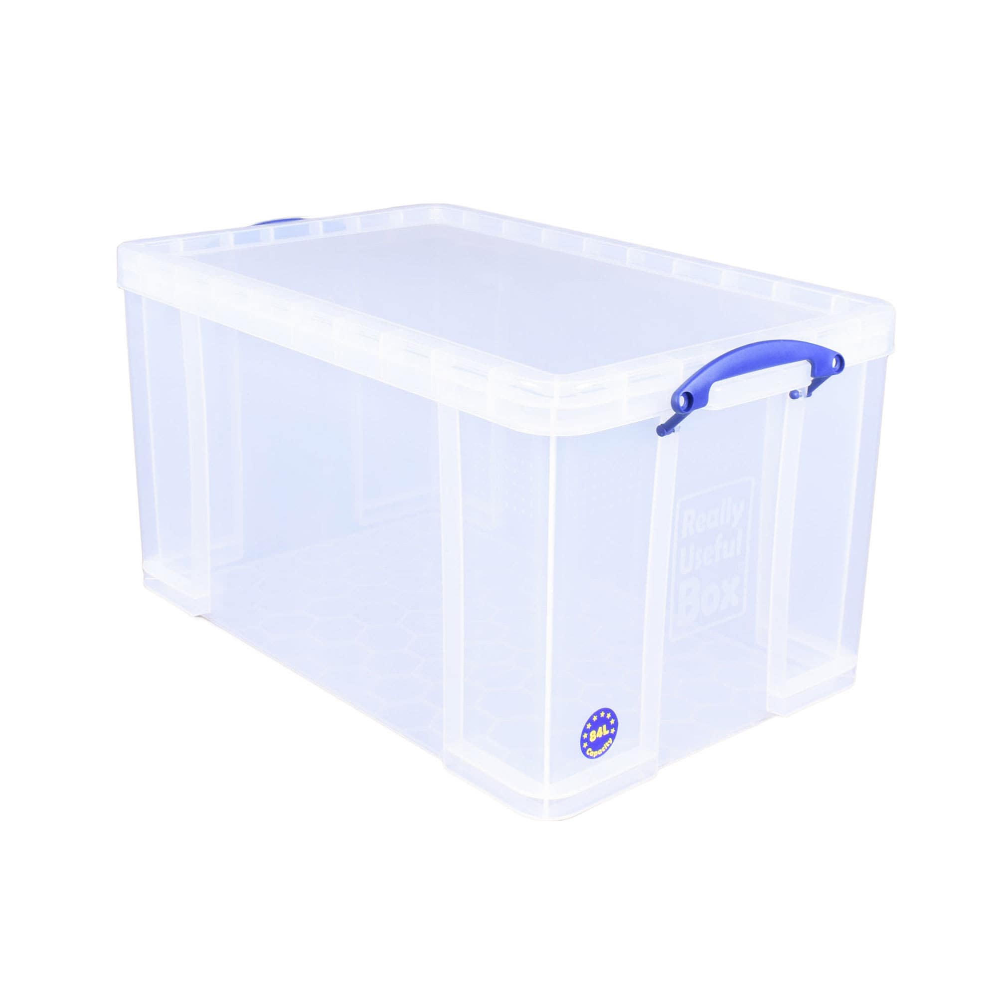Really Useful Box 392974 Really Useful 84 Liter Box offers spacious durable storage. Transparent design secure lid and clip handles keep items safe and accessible. Ideal for home or office stack to maximize space and organize effortlessly.