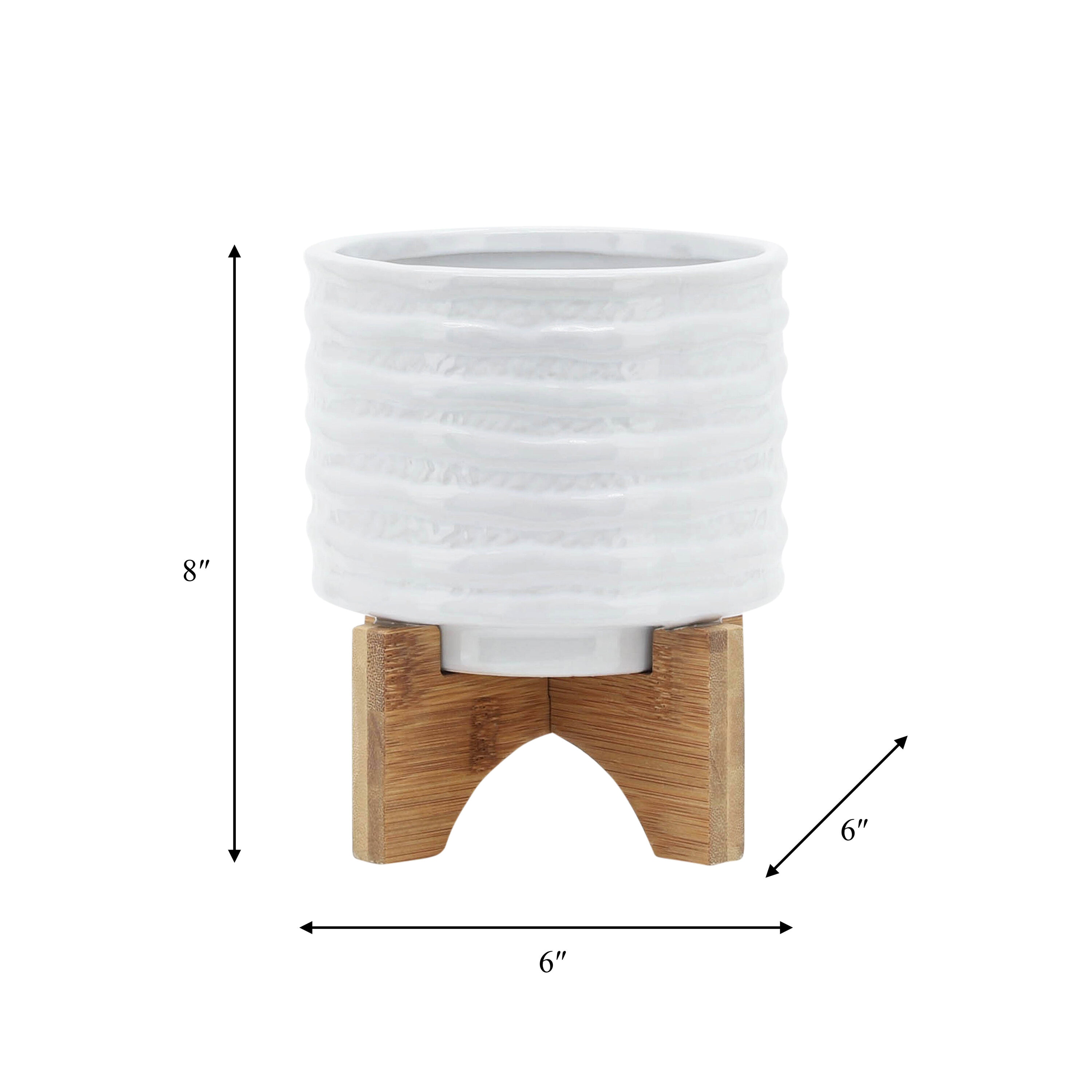 Elegant White Stripe Ceramic Planter with Wooden Stand, 6"x8"