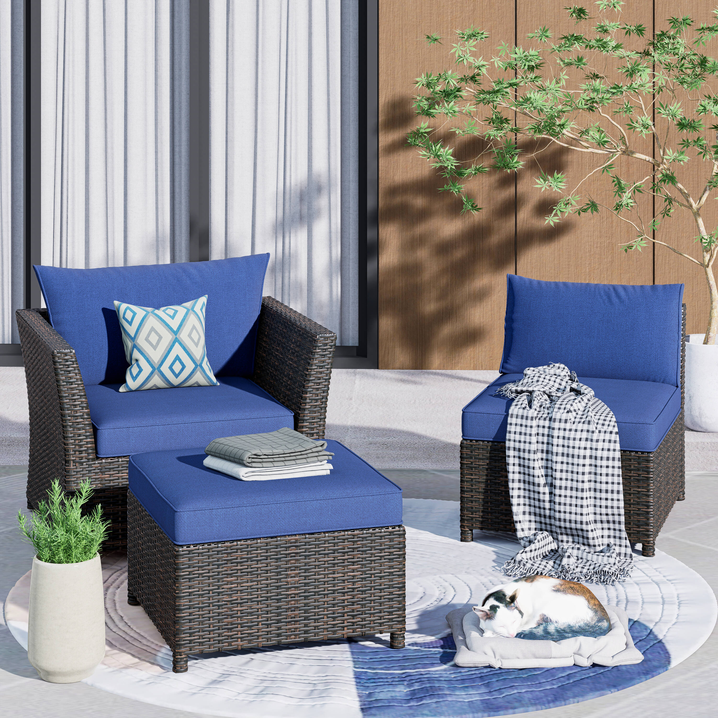 Pouuin SRSA502 Set of 2 Rattan Gray Rattan Frame Stationary Conversation Chair with Blue Woven Seat