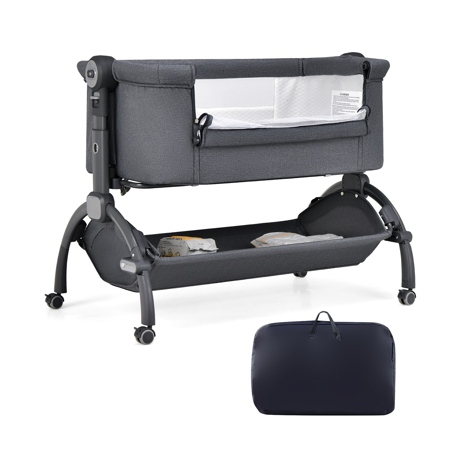Slickblue 3 in 1 Convertible Baby Crib Bassinet Bedside Sleeper Cradle Adjustable Height Mesh Panels Padded Mattress Storage Basket Wheels- Gray