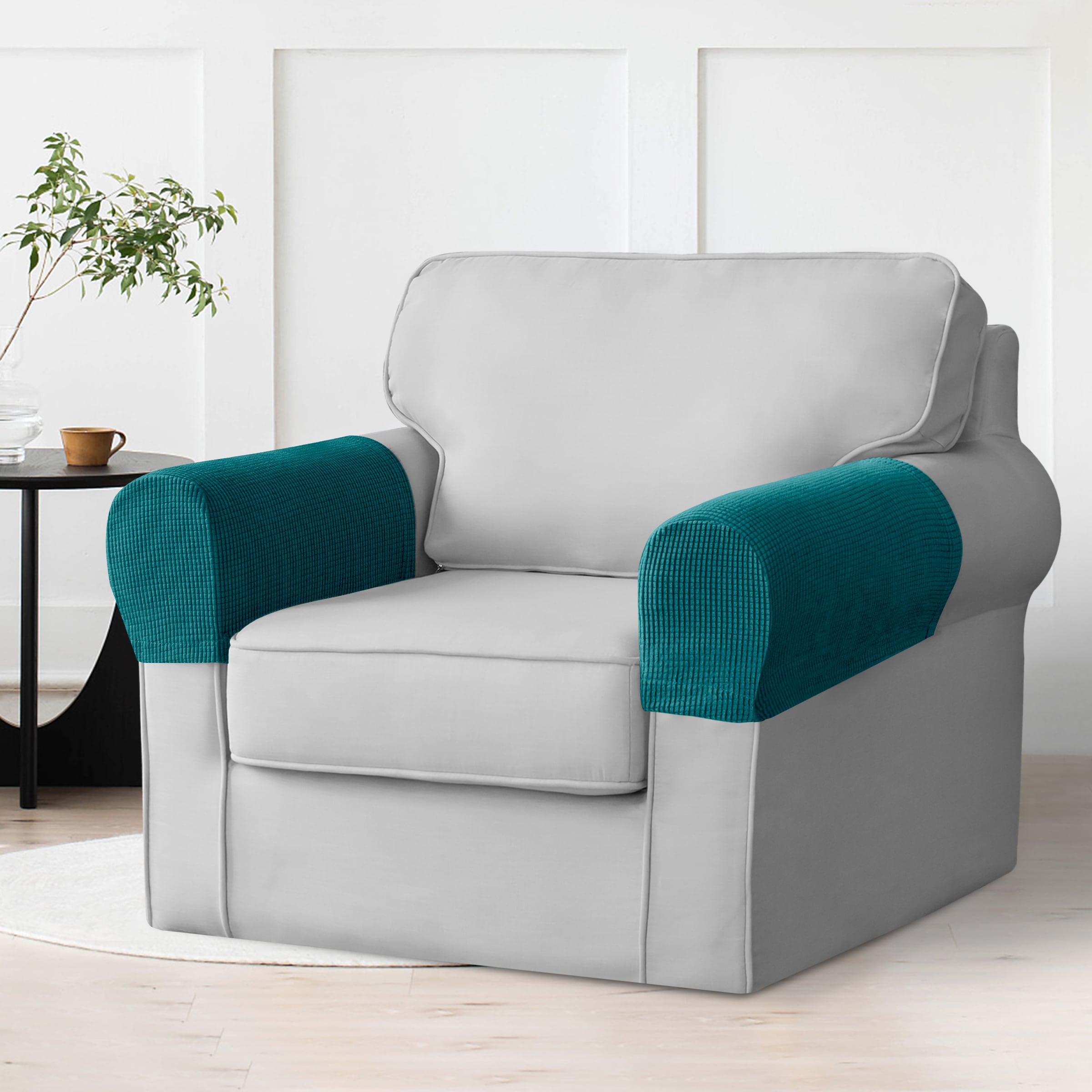 Subrtex SBTFST002 Textured Grid Stretch Armrest Slipcover with Twist Pins, Turquoise, Set of 2