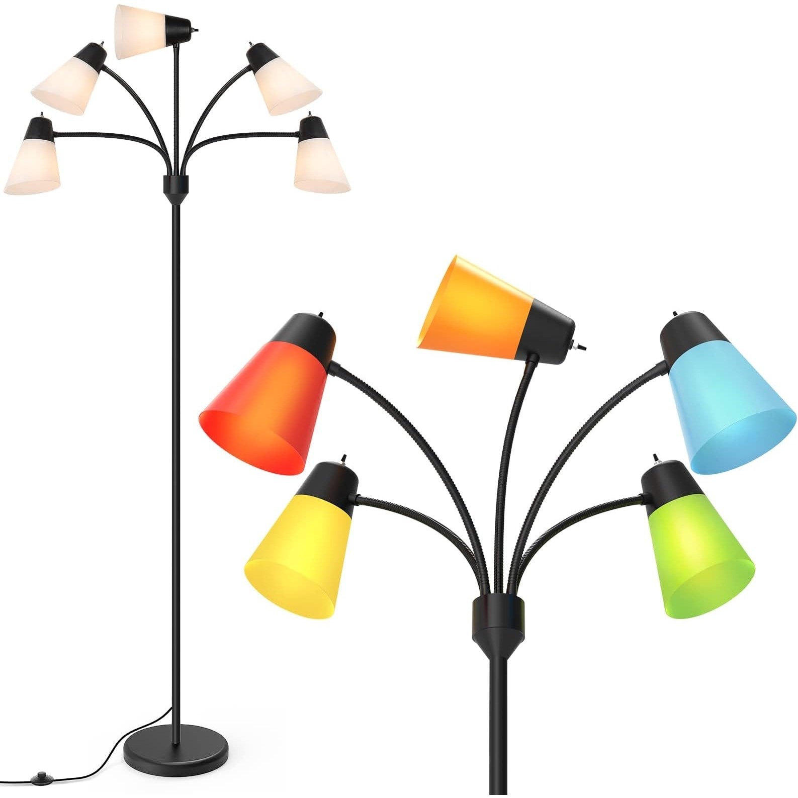 Slagawa - Black Multi-Head Adjustable LED Floor Lamp with 5 Flexible Arms and Foot Switch