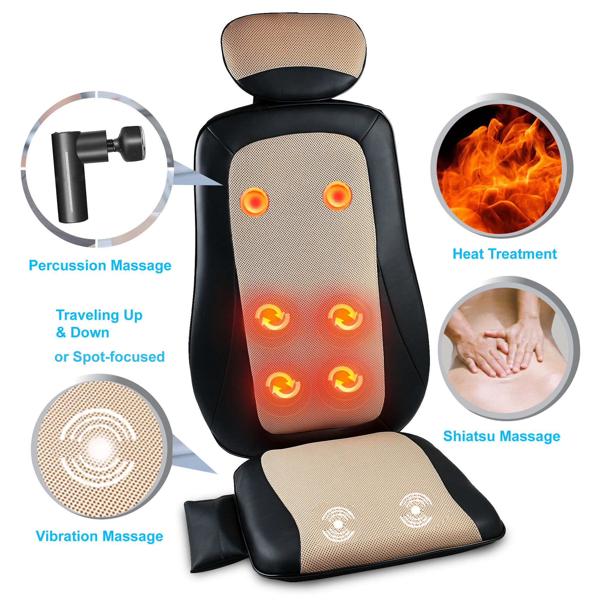 Shiatsu Plug-In Seat Pad with Heat Therapy - Black, Full Back Massage, Percussion, Vibration, Relieve Tension and Anxiety | - Carepeutic KH289