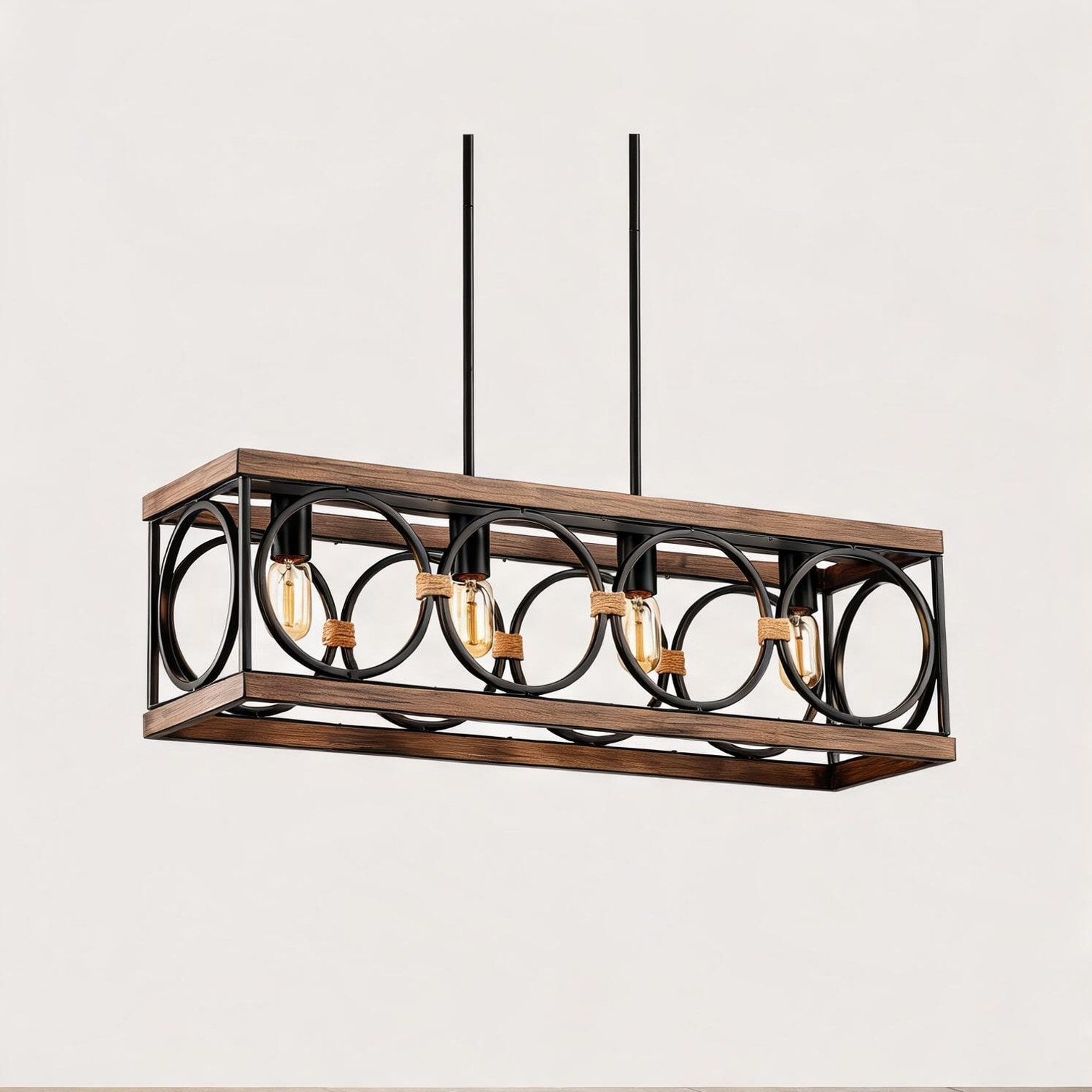 Naturefalls 31.6-Inch Rectangular Wood-and-Metal 4-Light Farmhouse Pendant in Black-Toned Finish for Kitchen or Dining