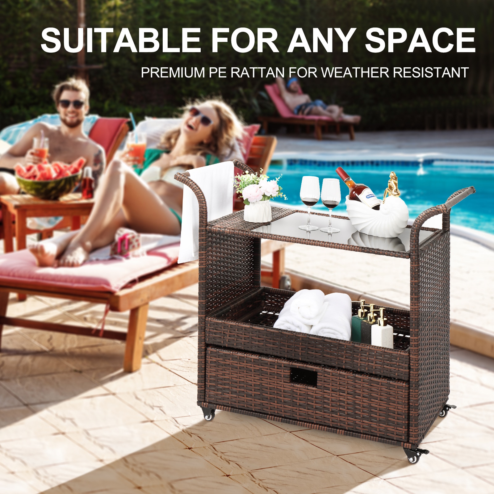 Haven Way Hana Tan Wicker Outdoor Serving Cart in the Outdoor Serving Carts  department at