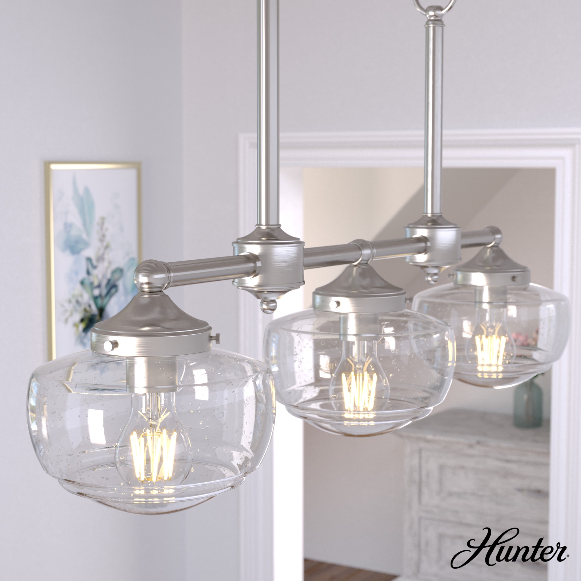Hunter 19489 Saddle Creek 3 -Light Brushed Nickel Transitional For Use in Bedrooms, Dining Rooms, Foyers, Kitchens, Living Rooms Chandelier
