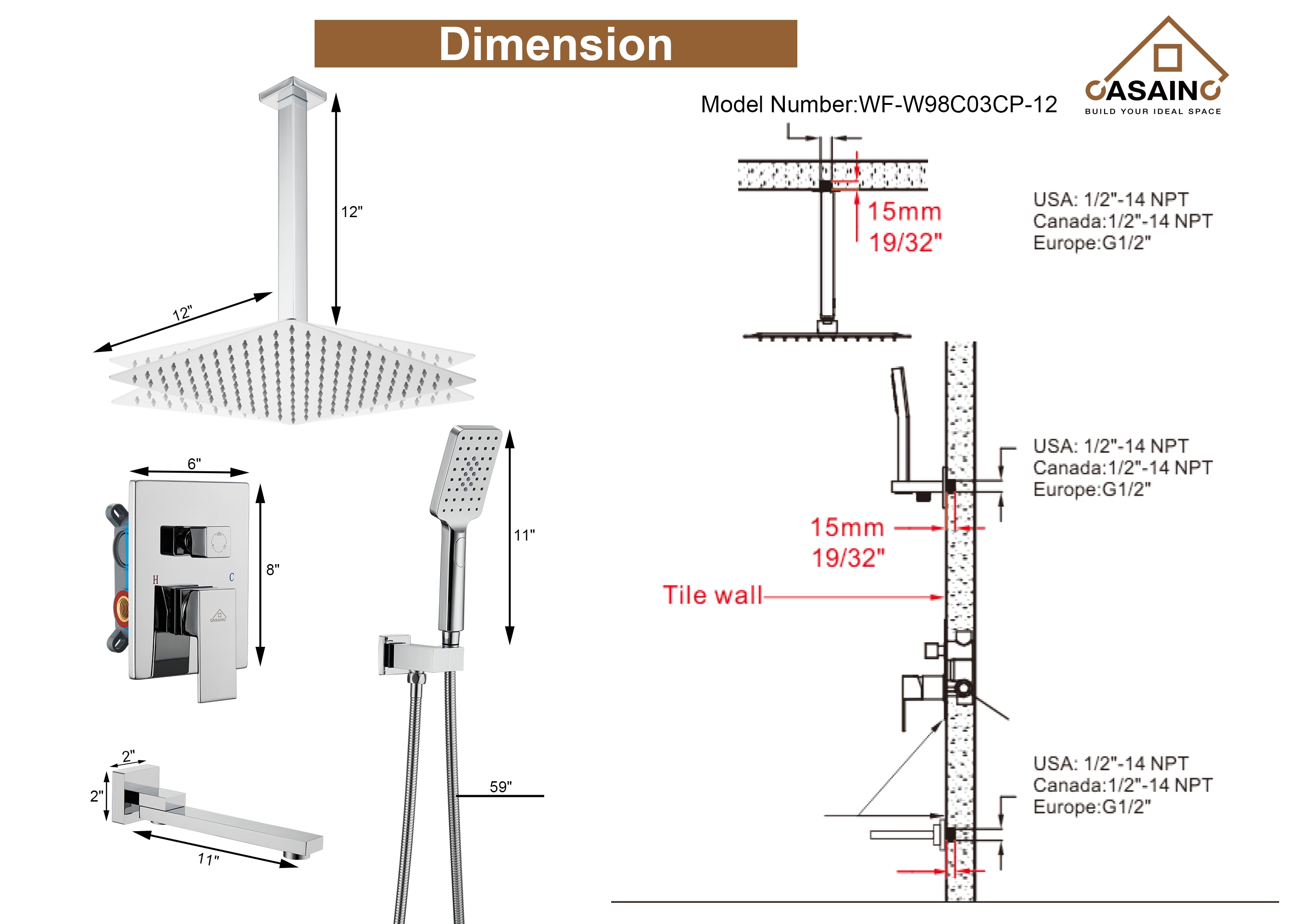 CASAINC WE-BTF03MB Showerhead-Bar-Panels - View #6