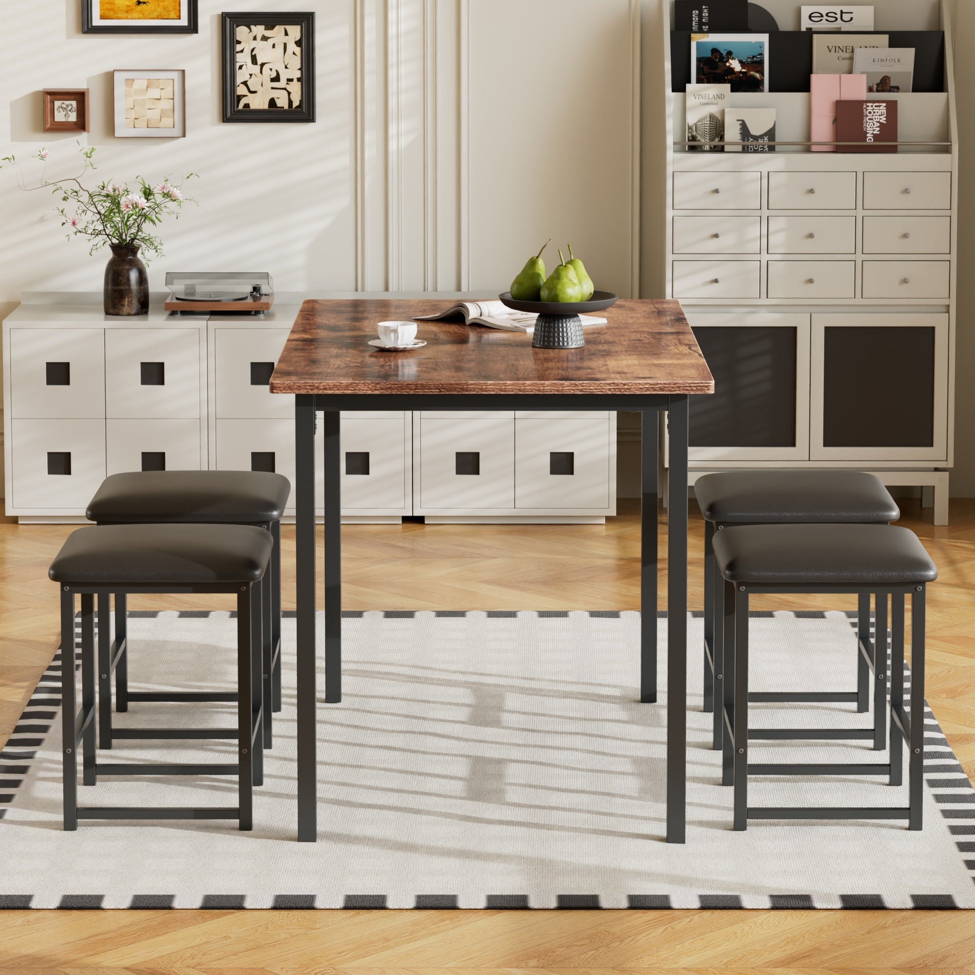 Vecelo LOE-XJM-TC22-BRN Modern Kitchen Table And Chairs For 4 Dining Room Set With PU Stools Heavy Duty Metal Frame Wood Pub Bar Table Set For Breakfast Small Space Living Room